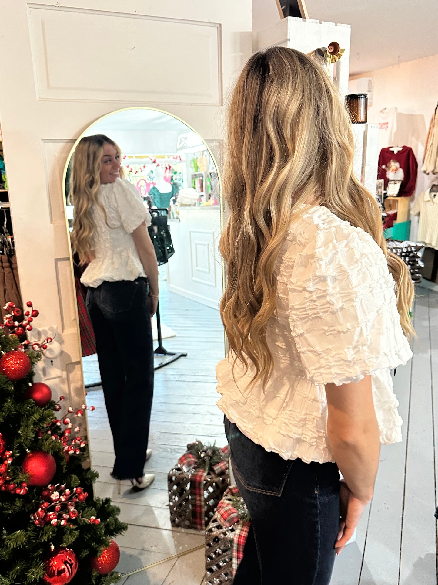 Off White Baby Doll Bow Tie Blouse