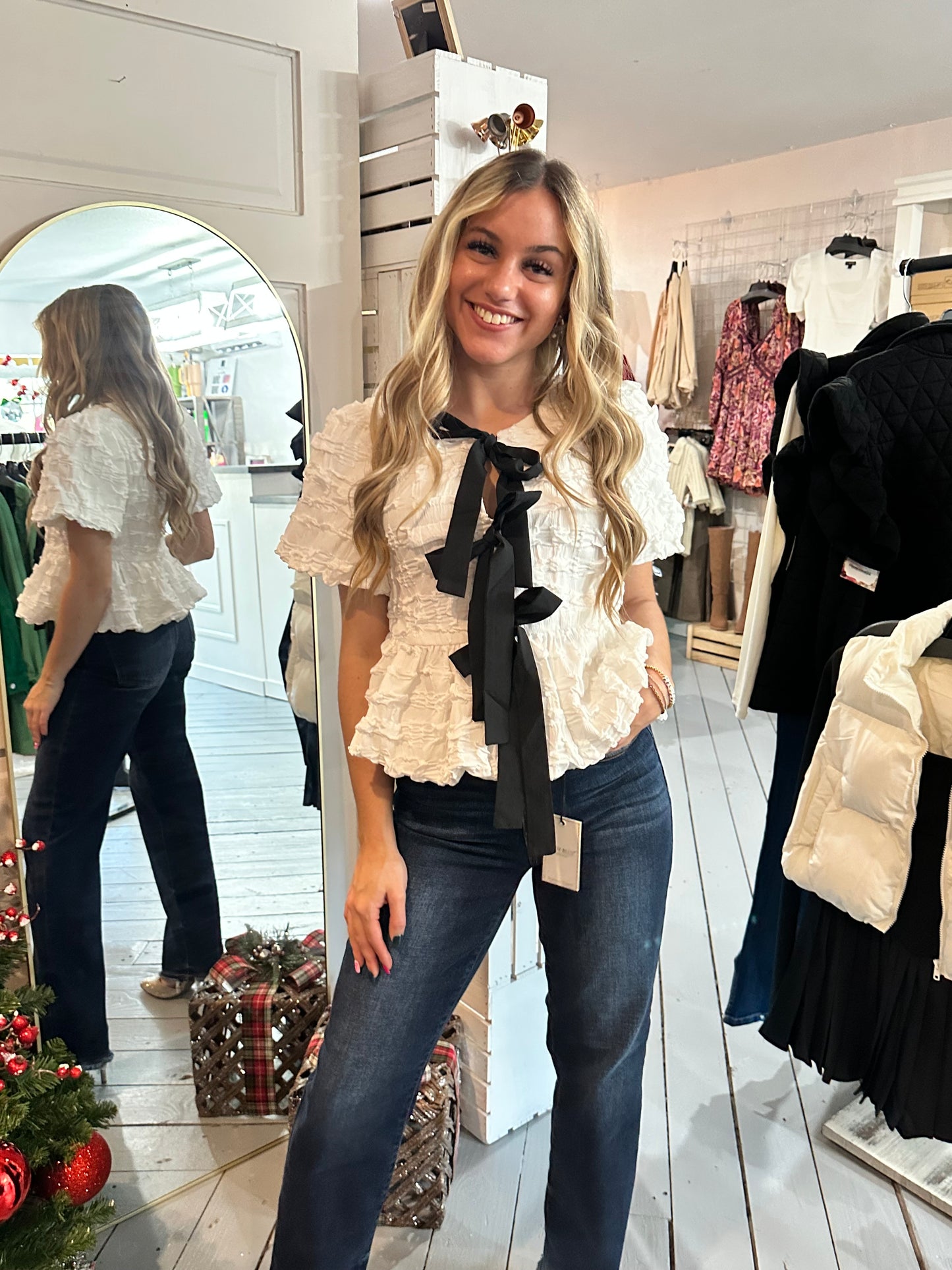 Off White Baby Doll Bow Tie Blouse