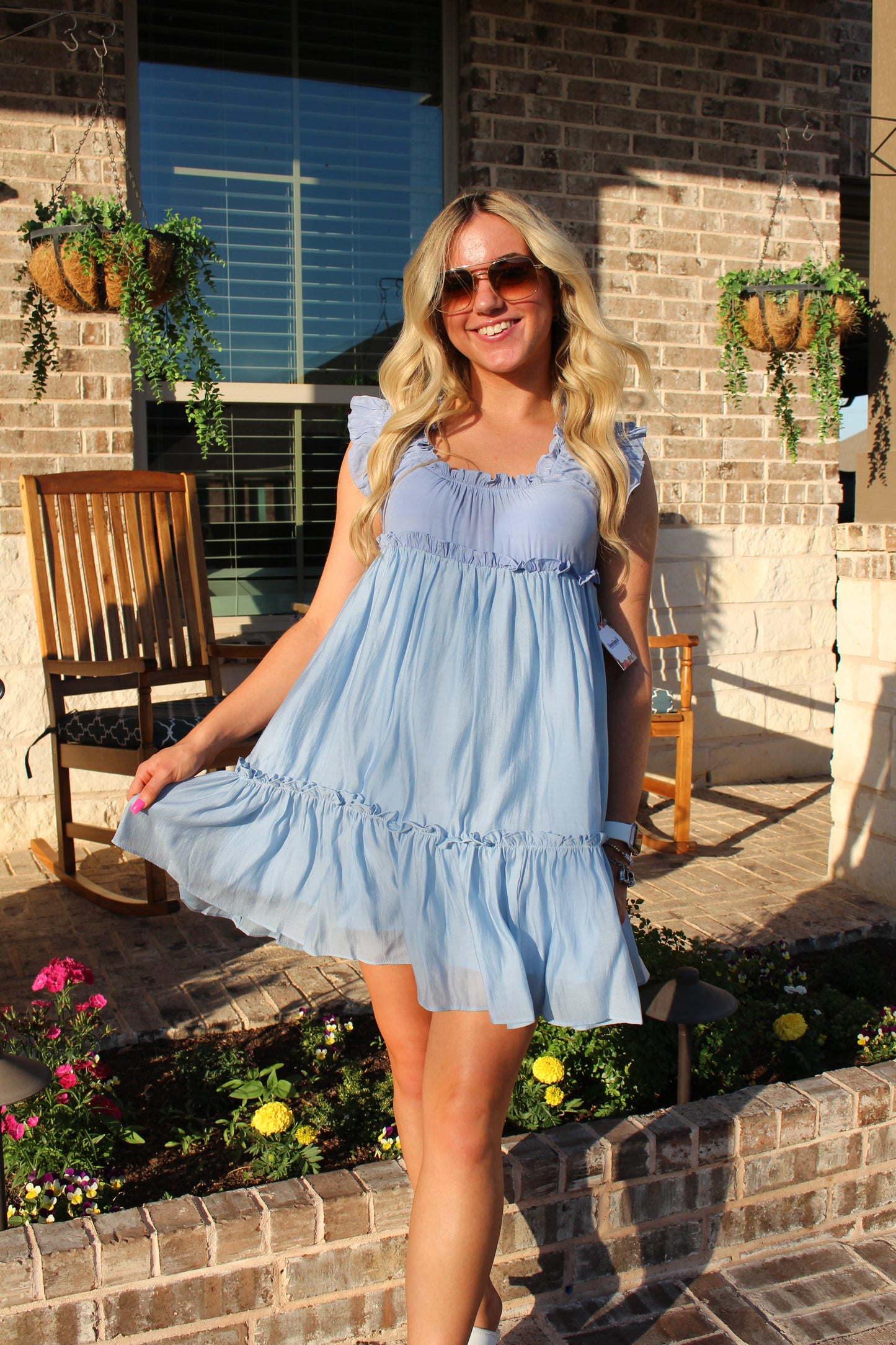 Blue Criss Cross Ruffle Mini Dress