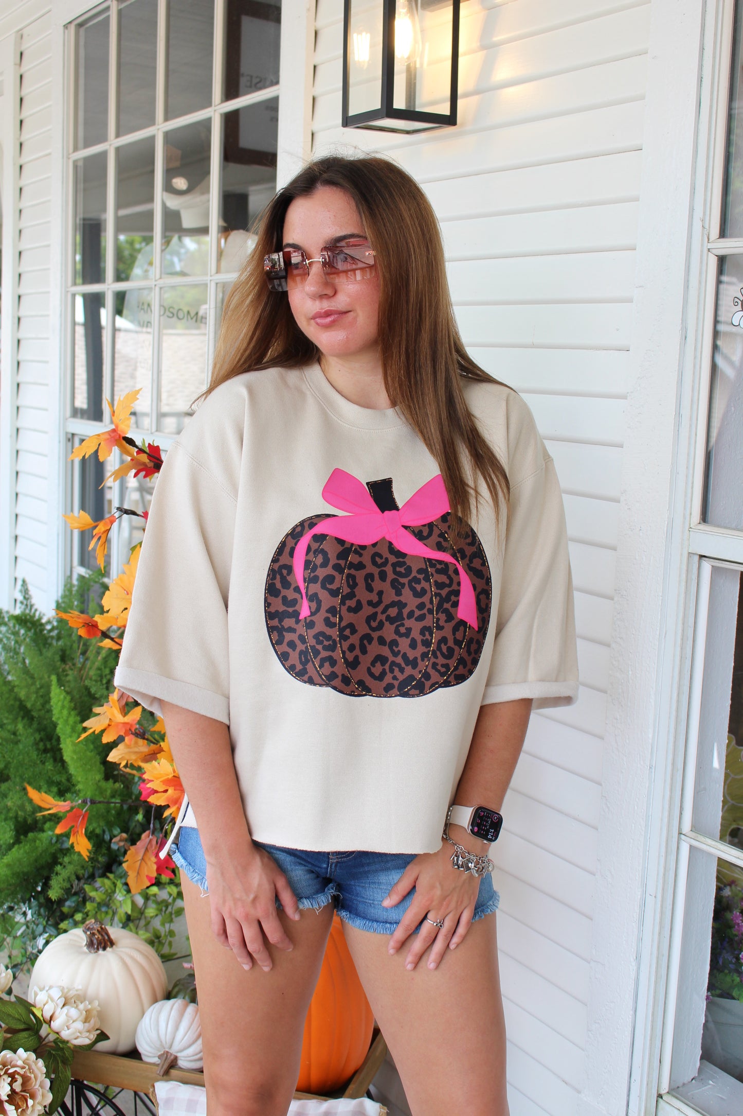 Leopard Pumpkin w/ Pink Bow Sweatshirt