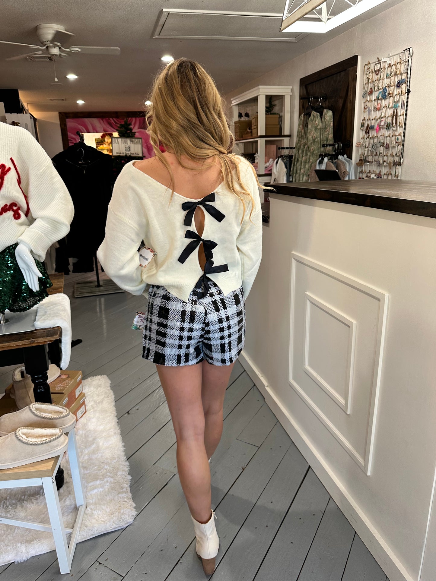 White Sweater with Back Ribbon Detail