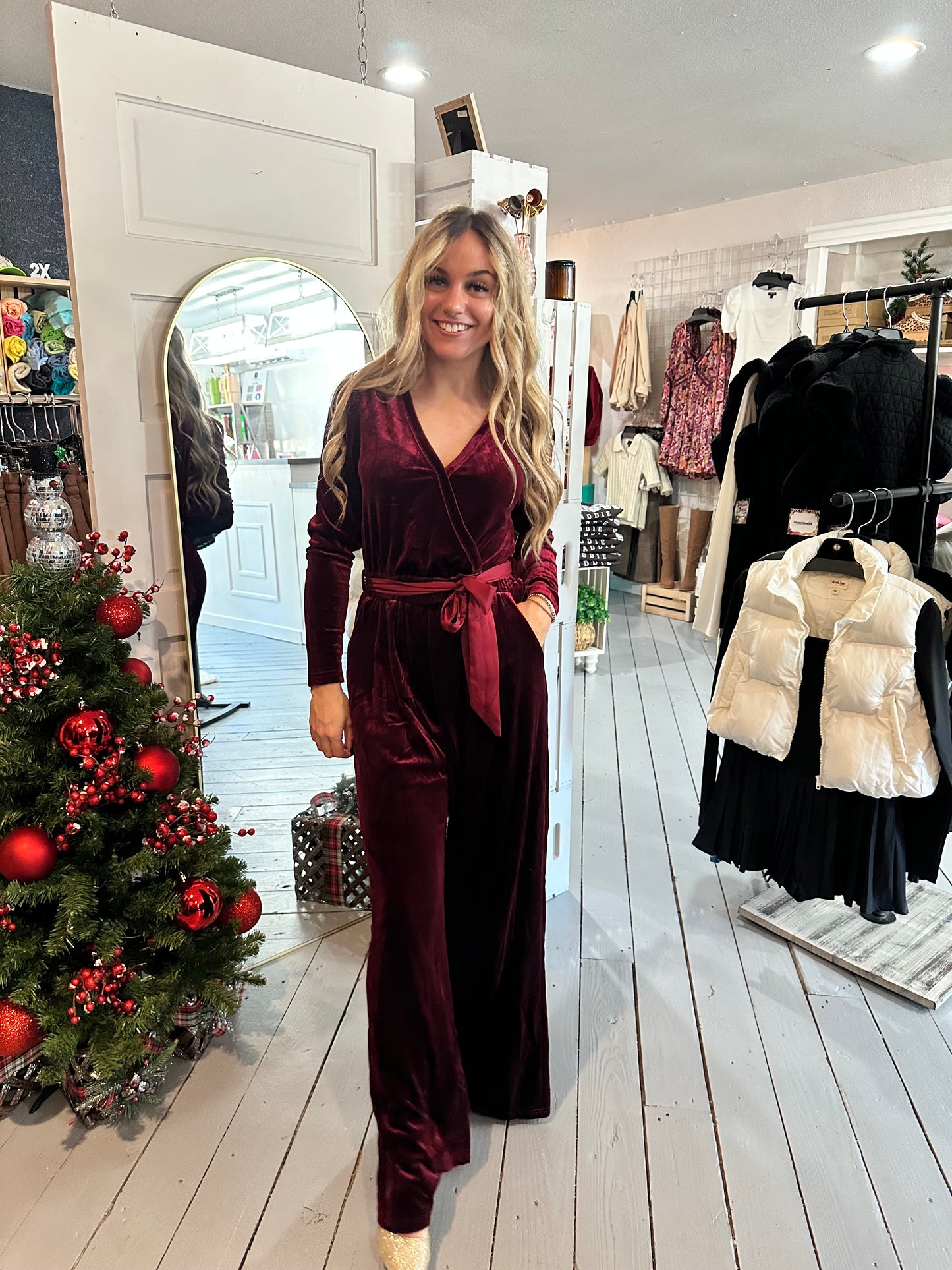 Burgundy Velvet Wide Leg Jumpsuit