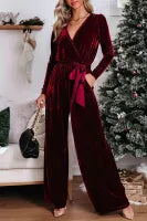 Burgundy Velvet Wide Leg Jumpsuit
