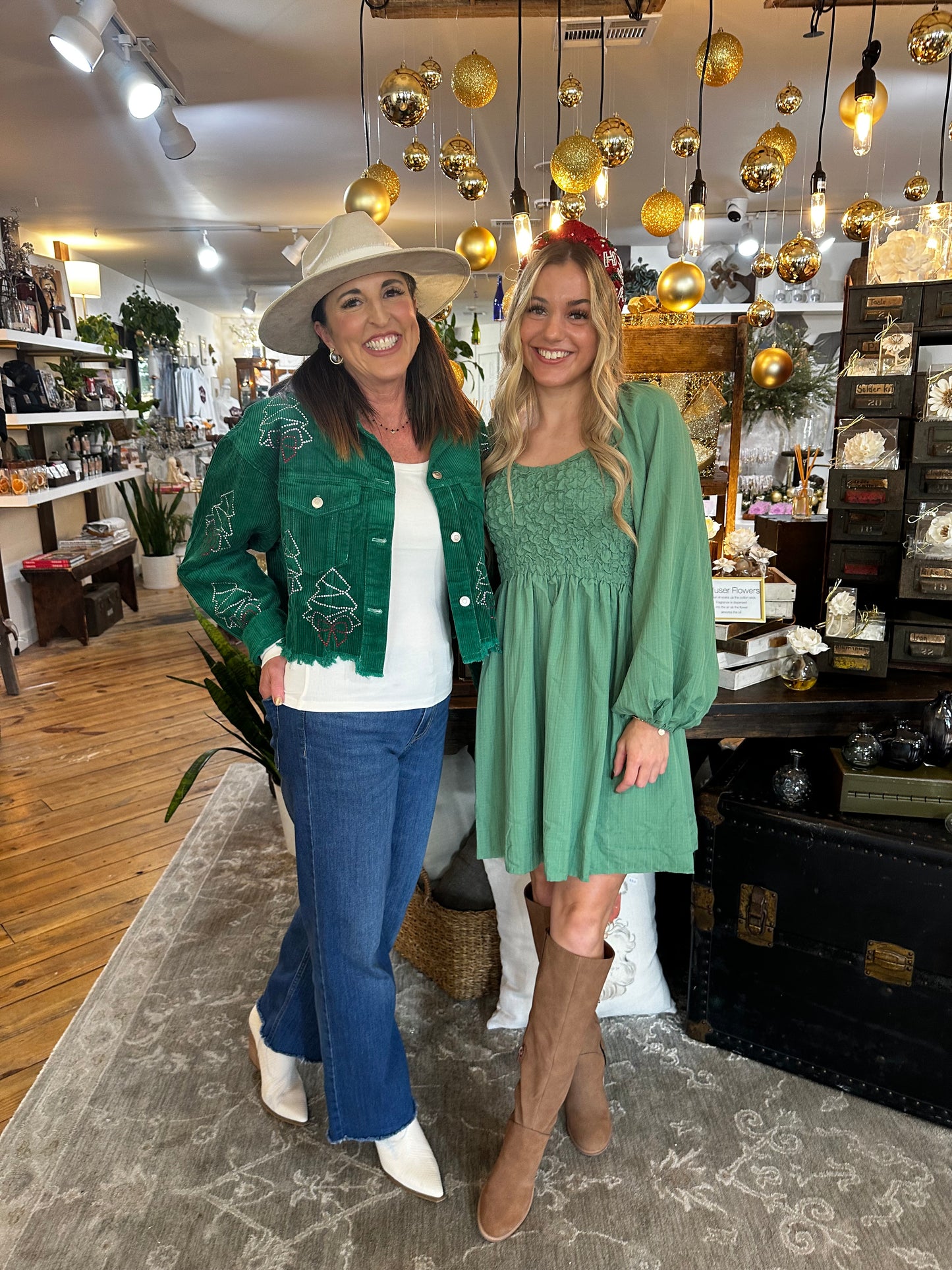 Green Corduroy Jacket with Rhinestone Christmas Trees and Bows