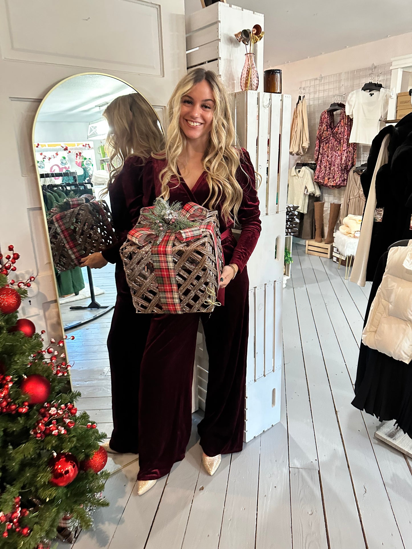 Burgundy Velvet Wide Leg Jumpsuit