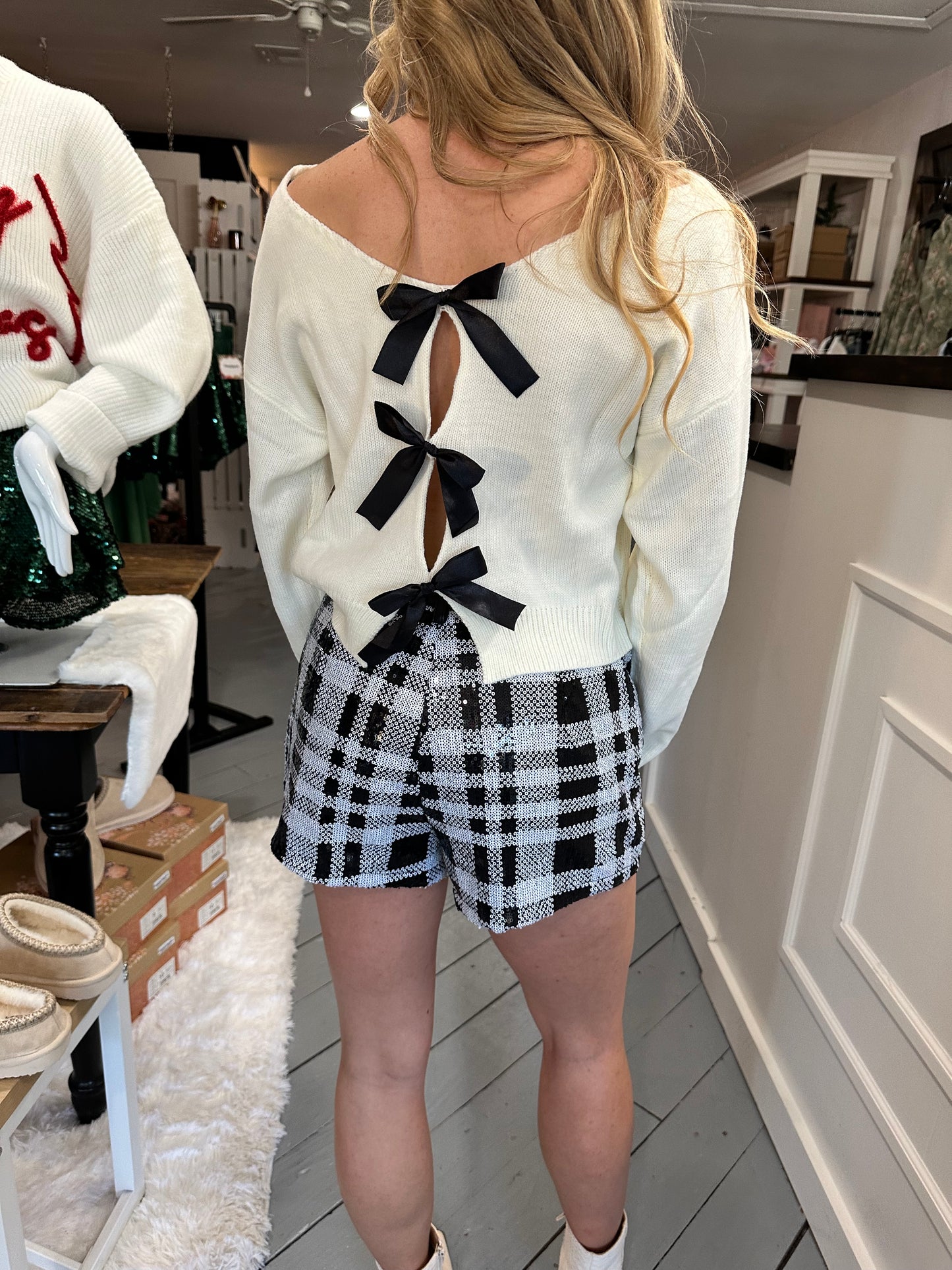 White Sweater with Back Ribbon Detail