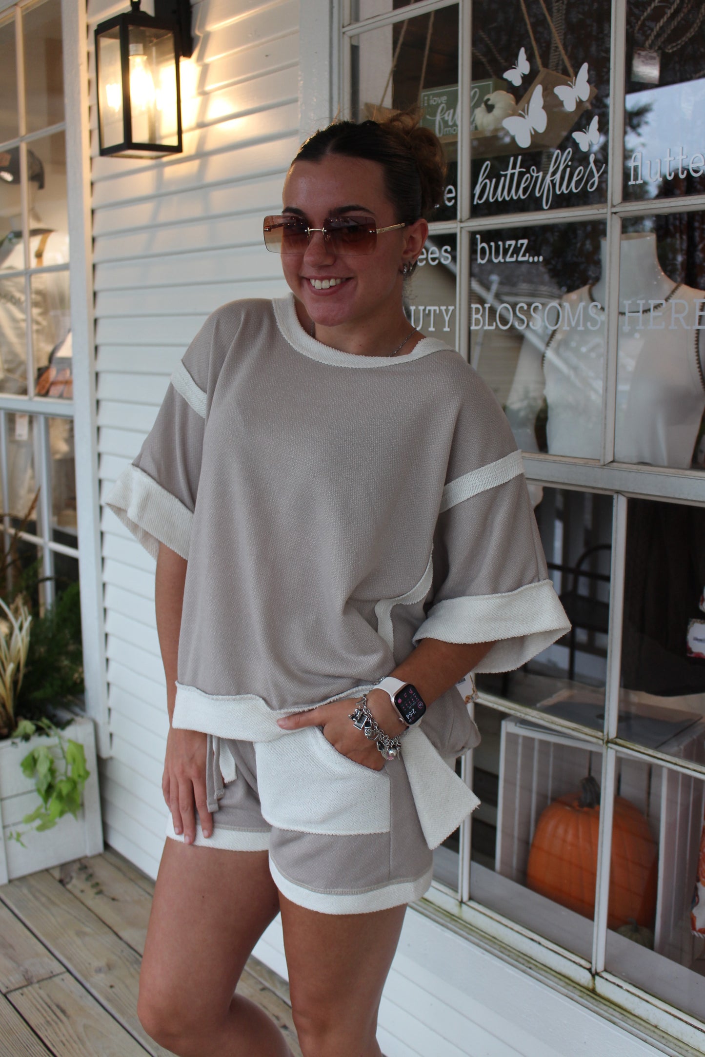 Taupe Oversized Contrast Top and Short Set