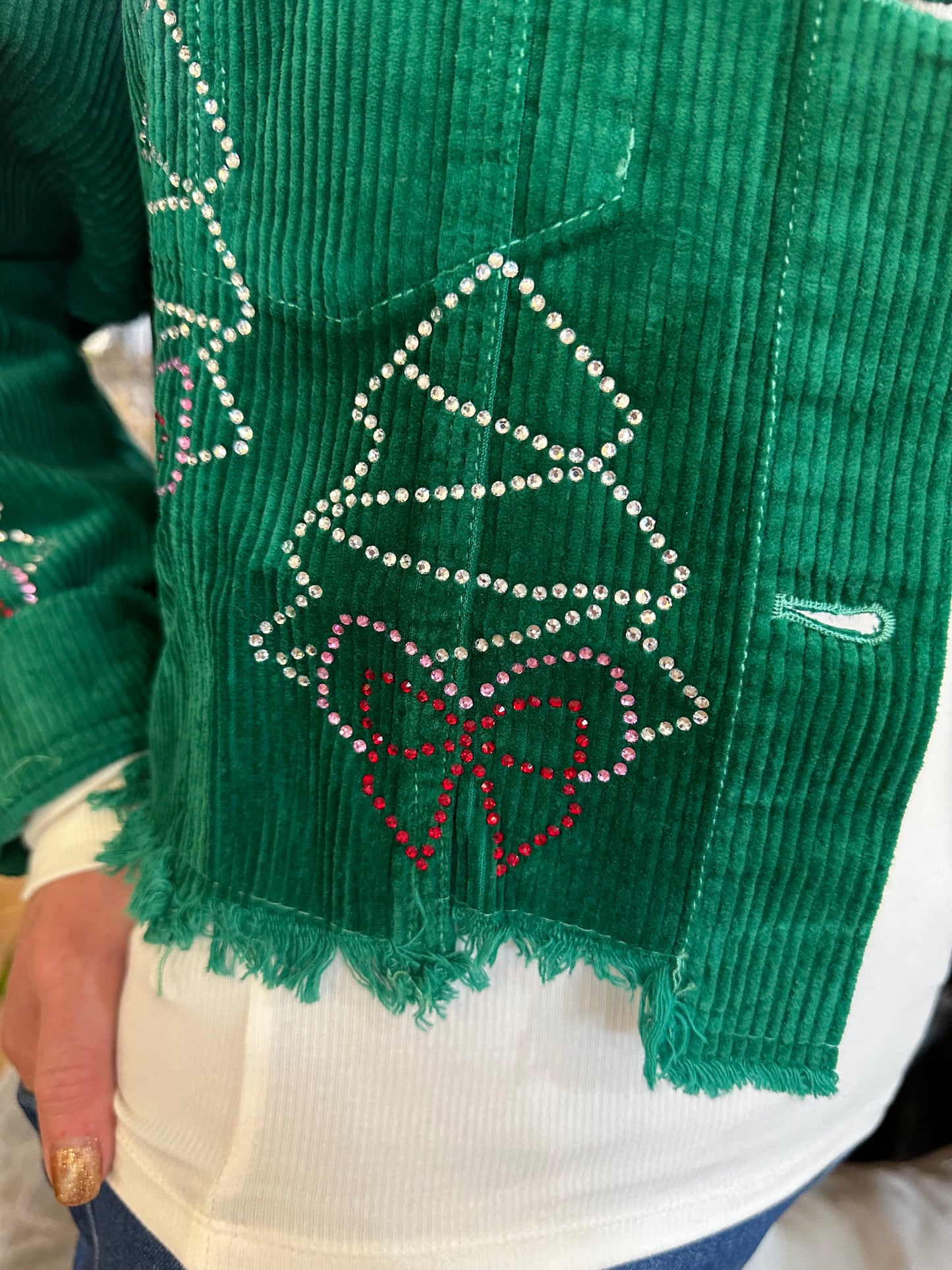 Green Corduroy Jacket with Rhinestone Christmas Trees and Bows