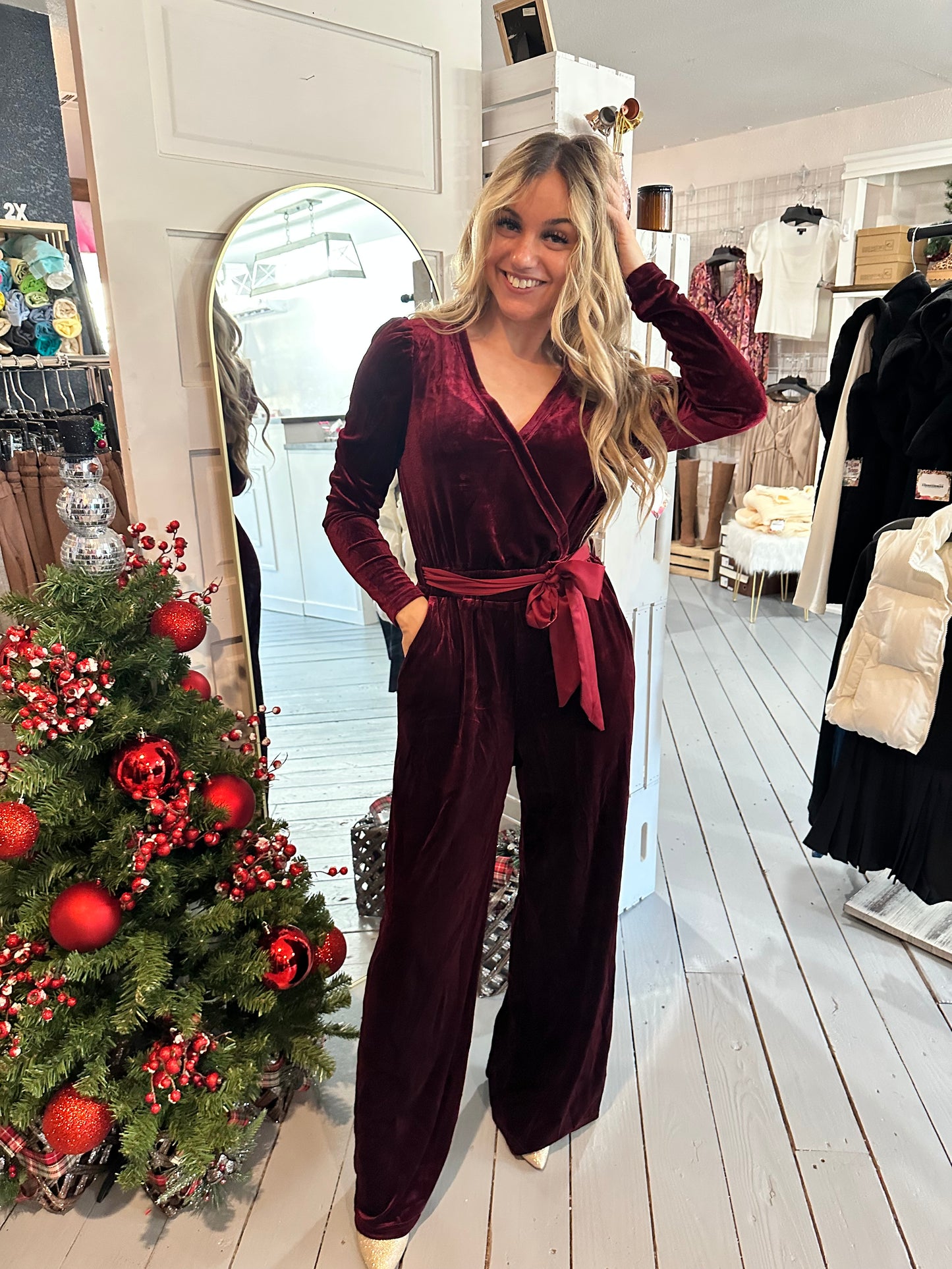Burgundy Velvet Wide Leg Jumpsuit