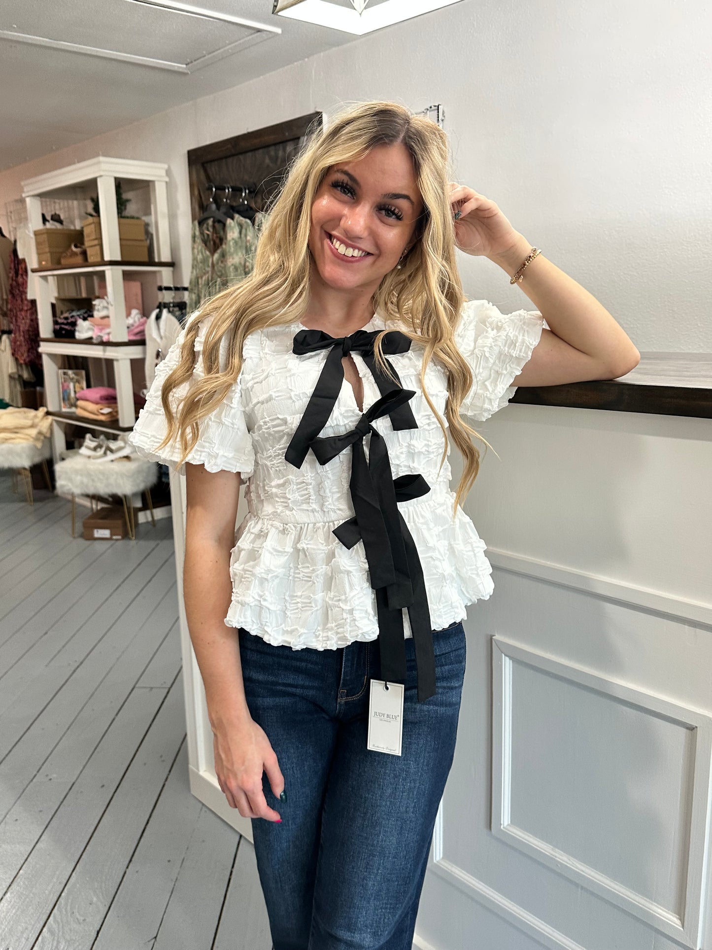 Off White Baby Doll Bow Tie Blouse