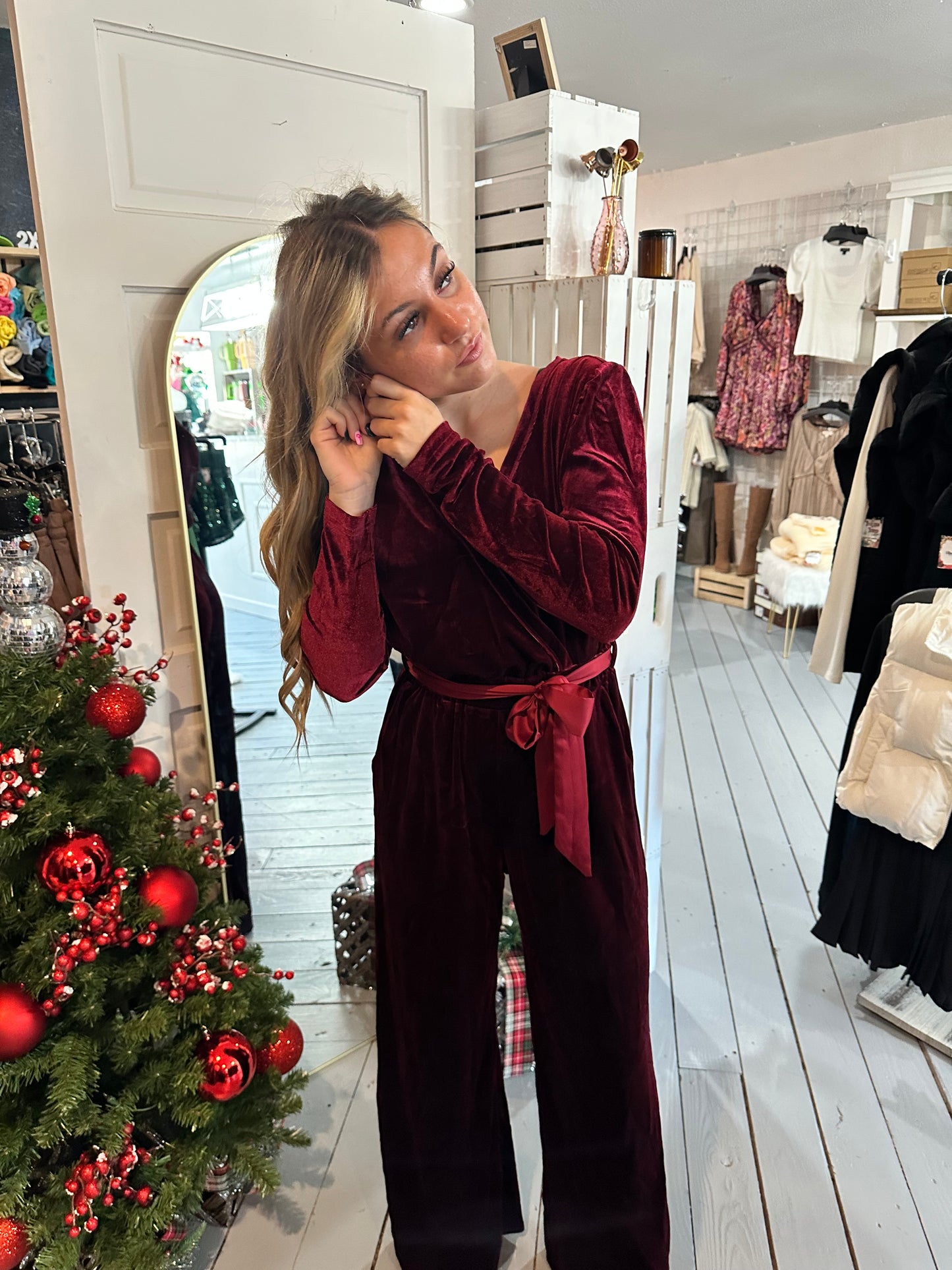 Burgundy Velvet Wide Leg Jumpsuit
