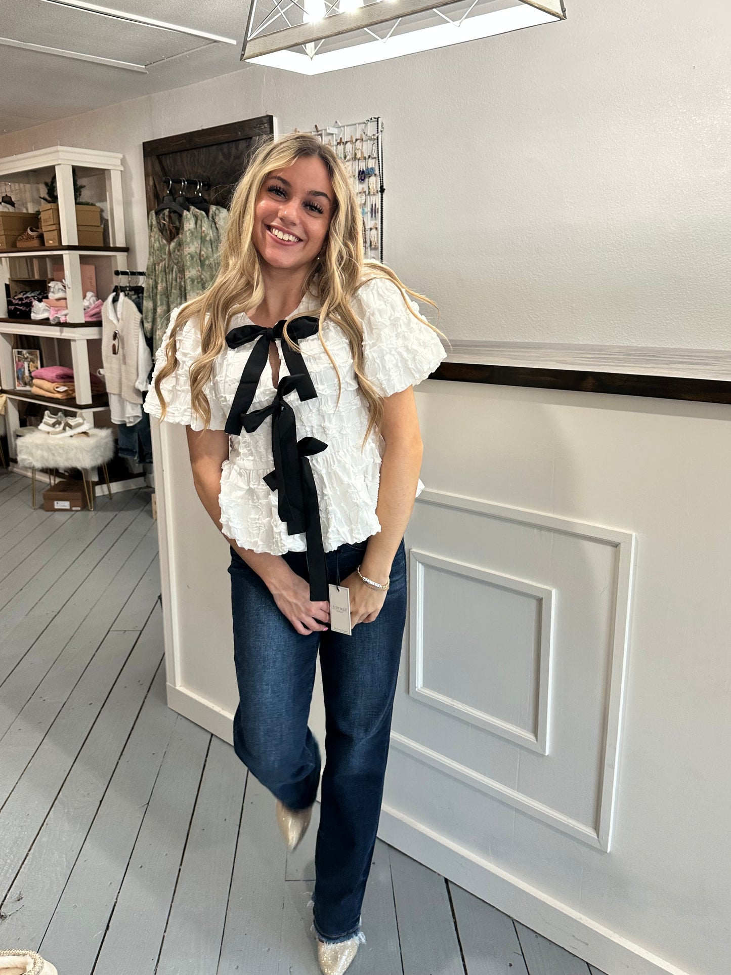 Off White Baby Doll Bow Tie Blouse