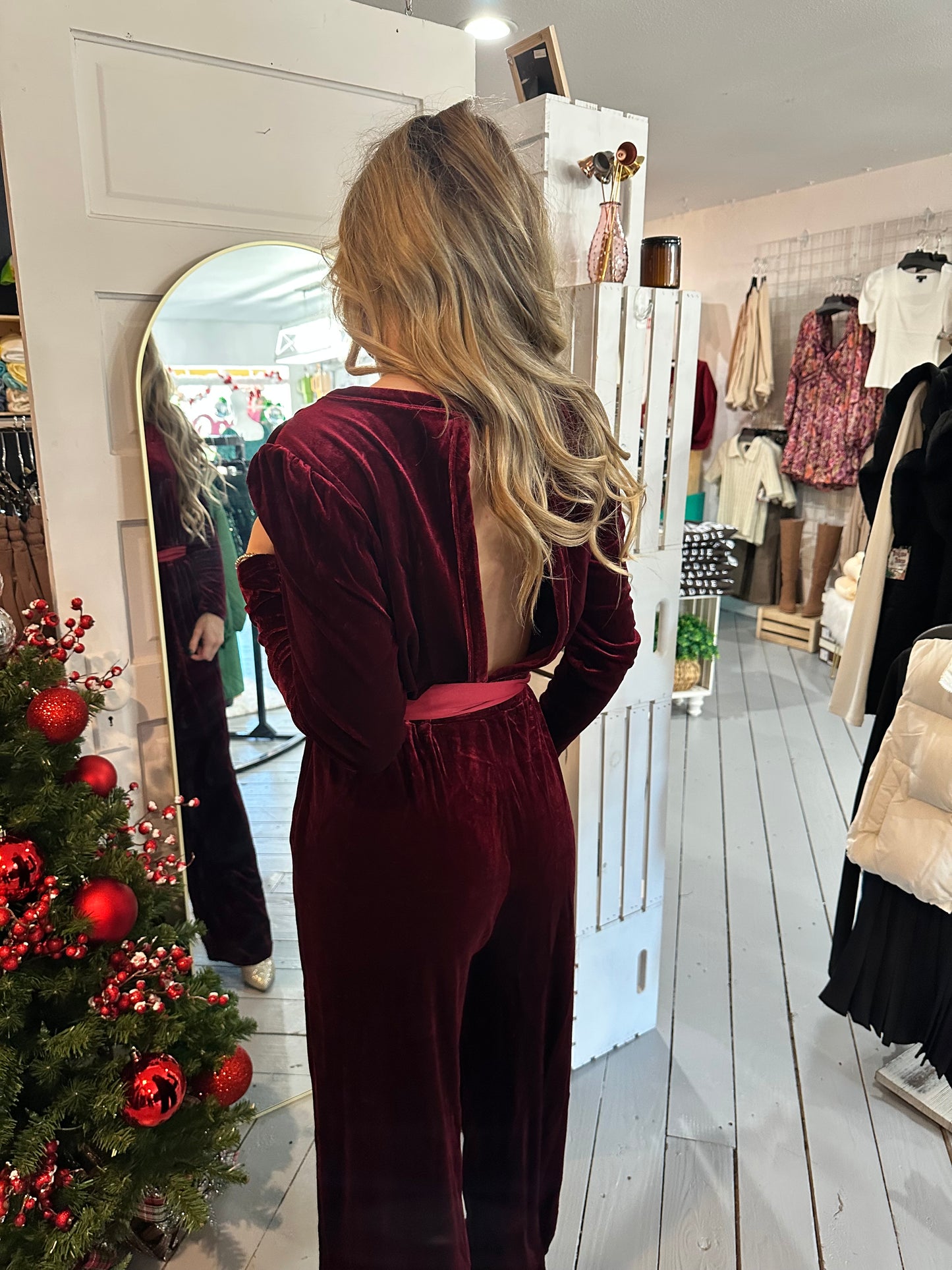 Burgundy Velvet Wide Leg Jumpsuit