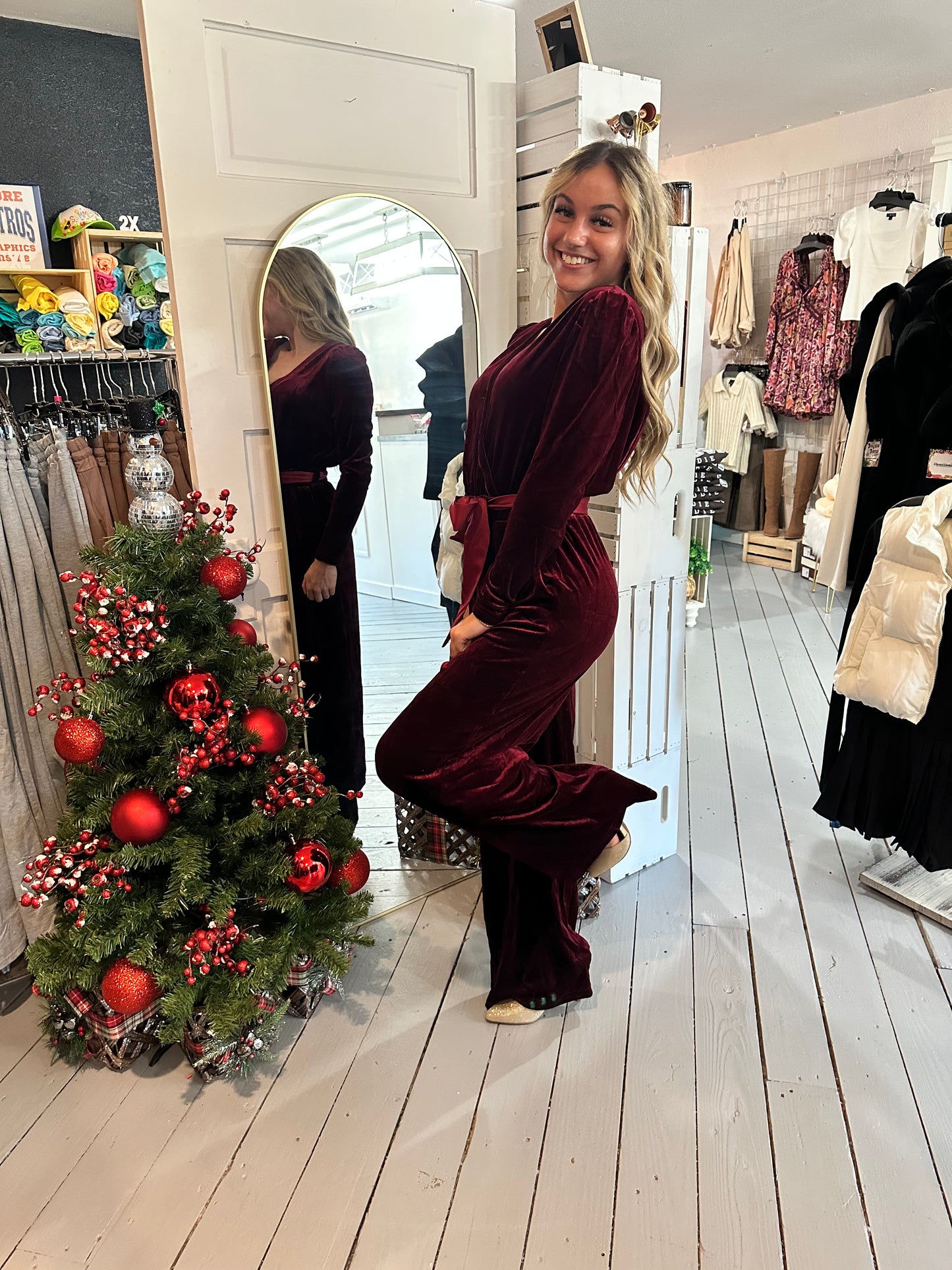 Burgundy Velvet Wide Leg Jumpsuit