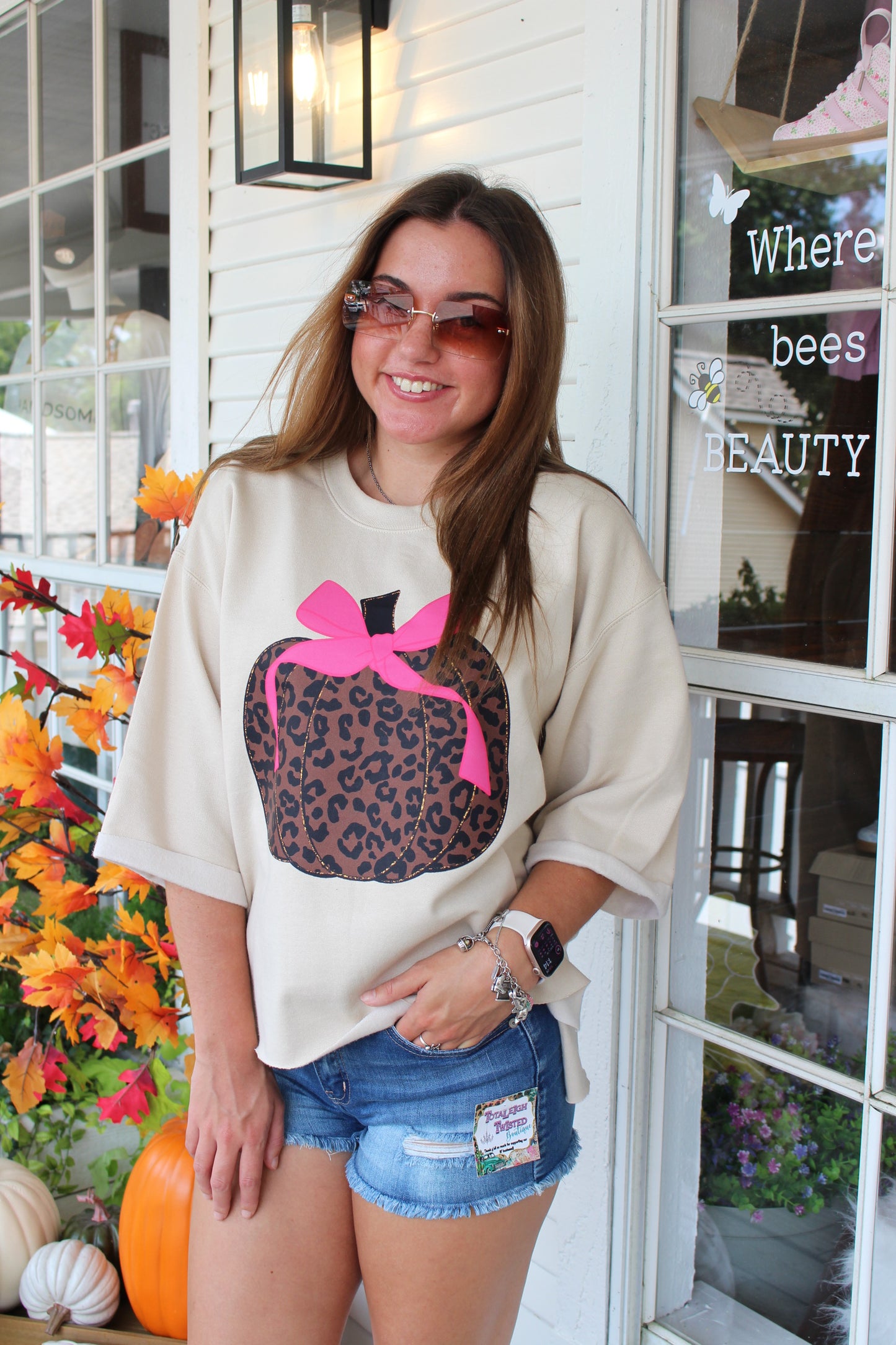 Leopard Pumpkin w/ Pink Bow Sweatshirt