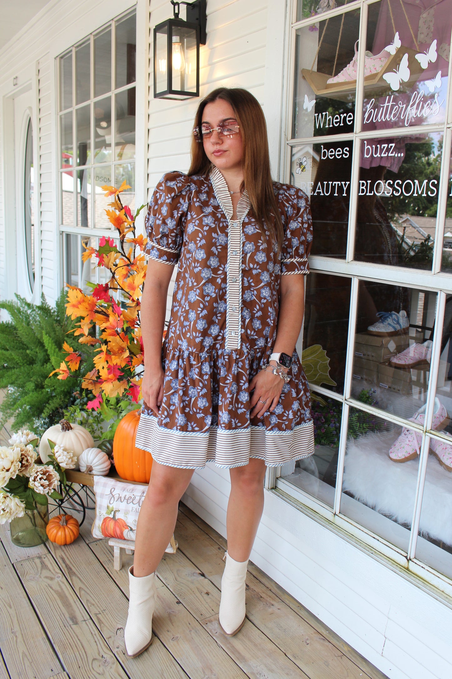 Brown Floral Striped Mini Dress