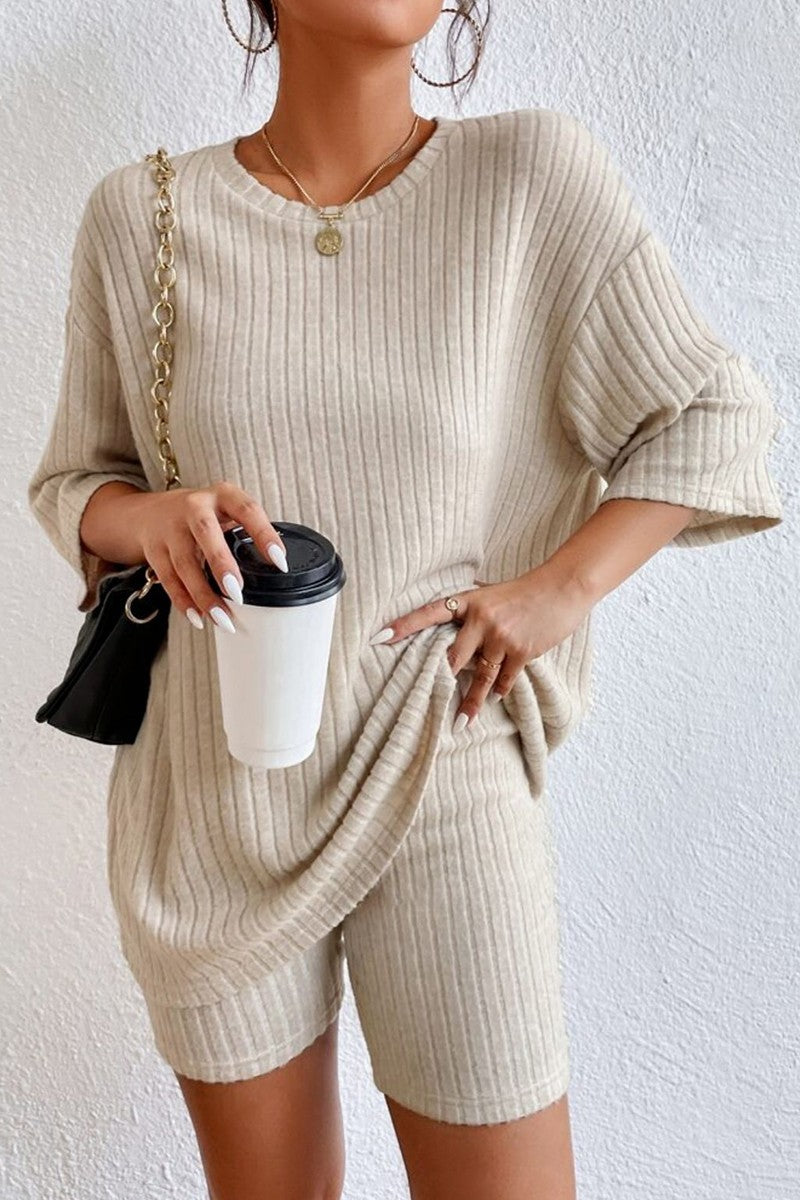 Beige Ribbed Short Sleeve Top and Short Set