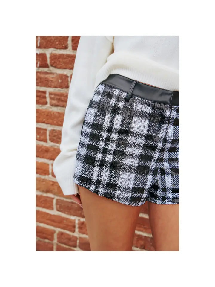 Sequin Plaid Shorts with Faux Leather Waistband