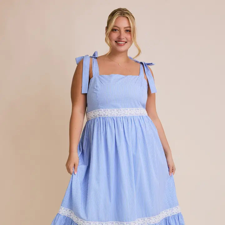 Blue Square Neck Tie Strap Lace Trim - Curvy
