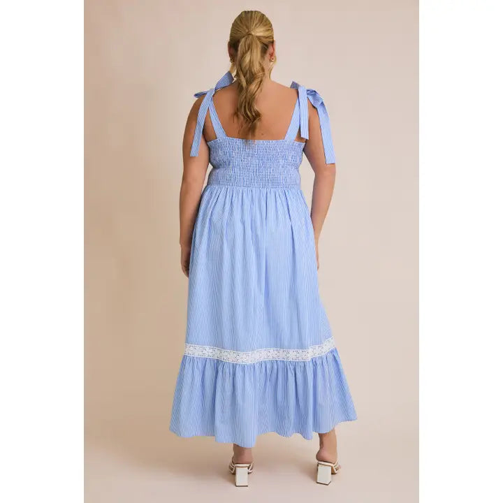 Blue Square Neck Tie Strap Lace Trim - Curvy