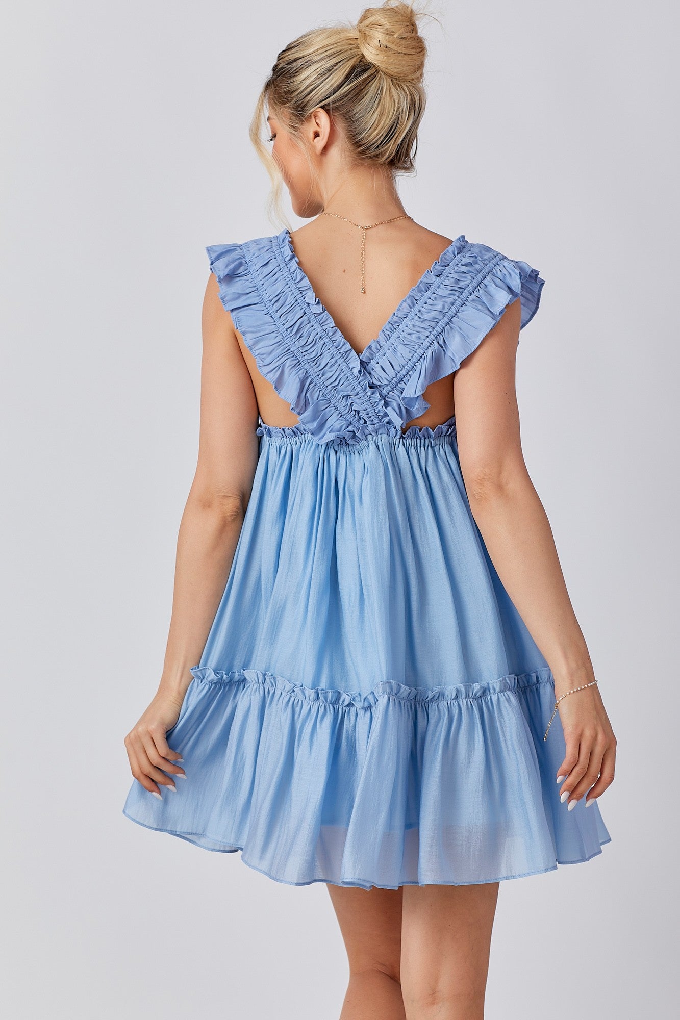Blue Criss Cross Ruffle Mini Dress
