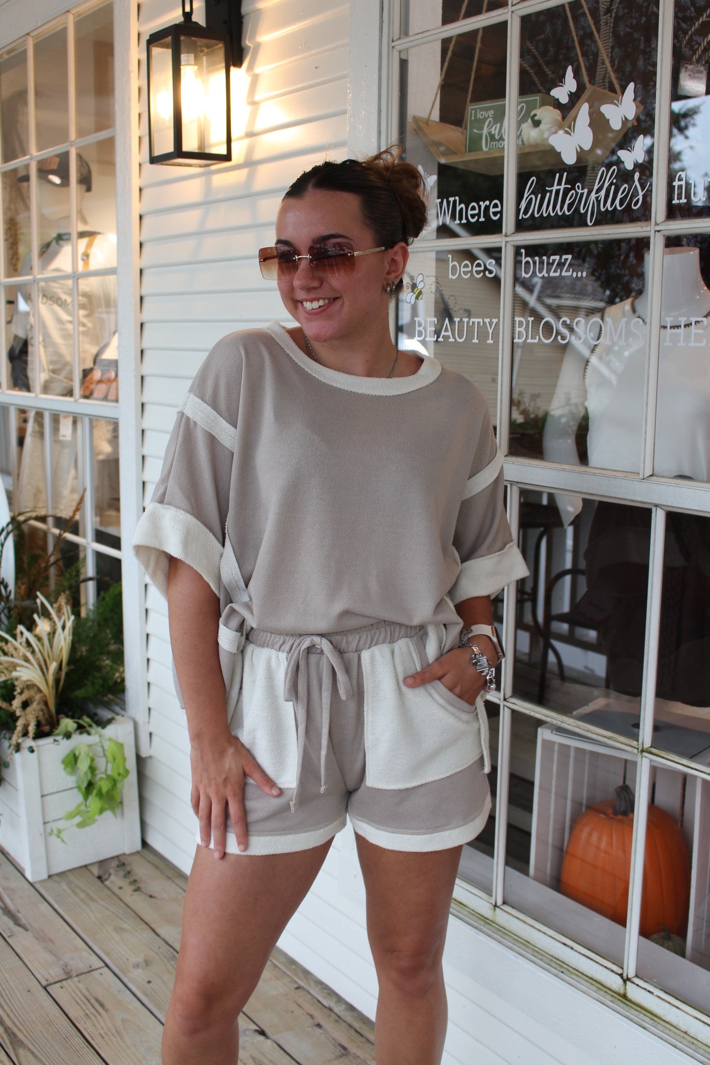 Taupe Oversized Contrast Top and Short Set