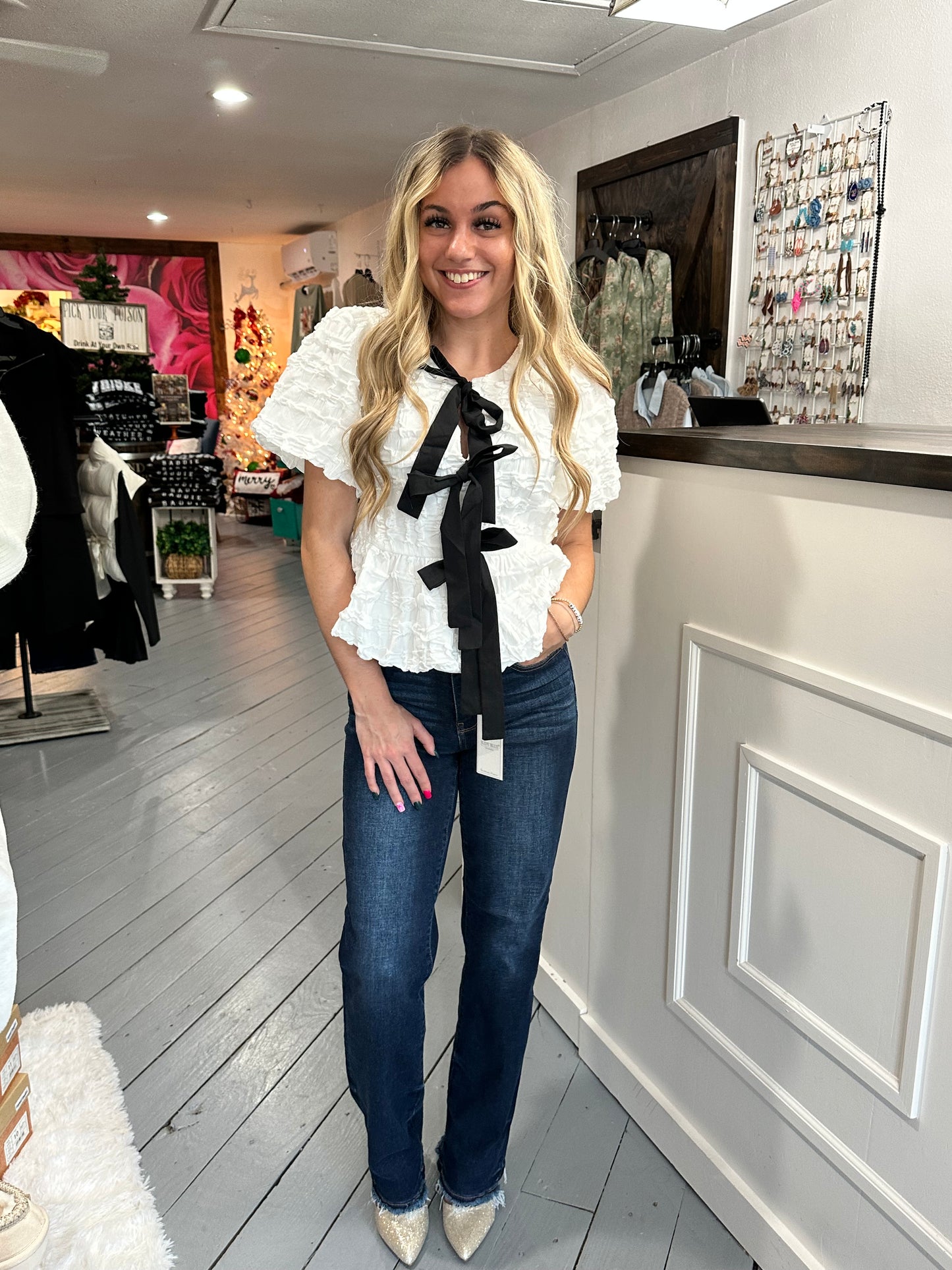 Off White Baby Doll Bow Tie Blouse