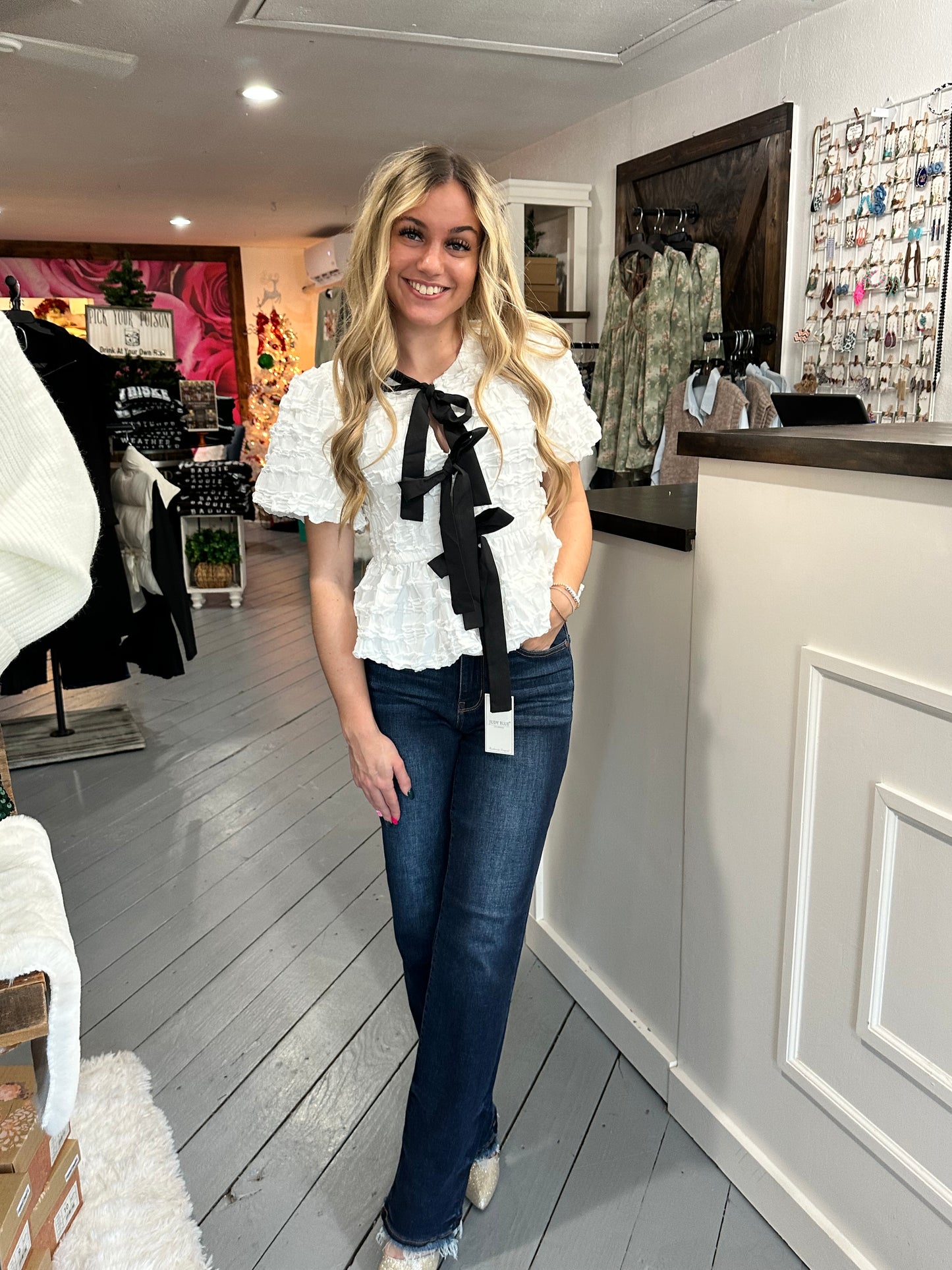 Off White Baby Doll Bow Tie Blouse