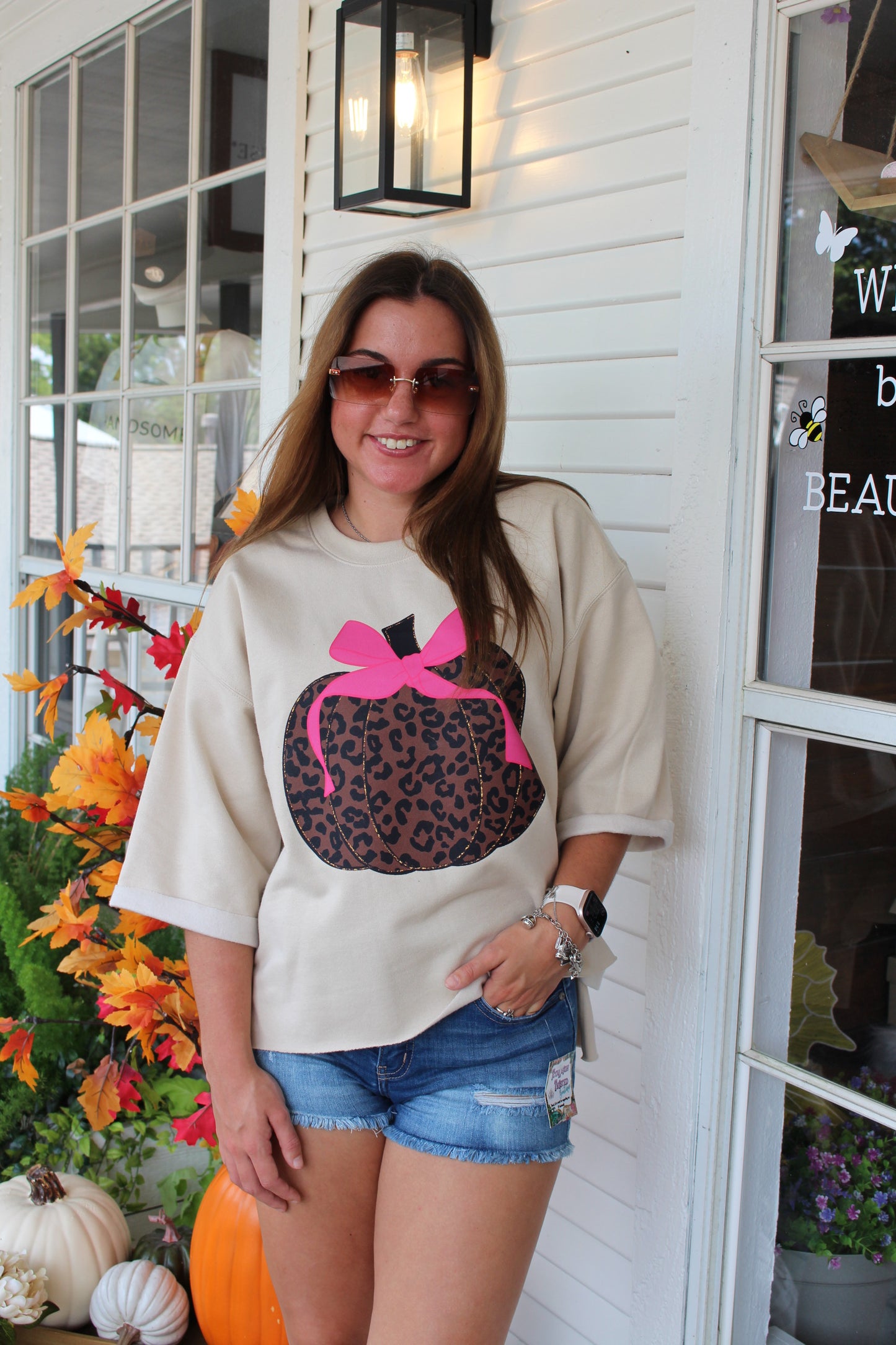 Leopard Pumpkin w/ Pink Bow Sweatshirt