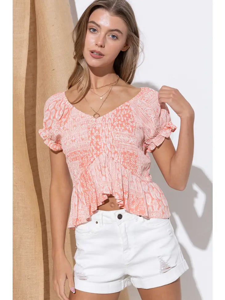 Coral Smocked Puff Top
