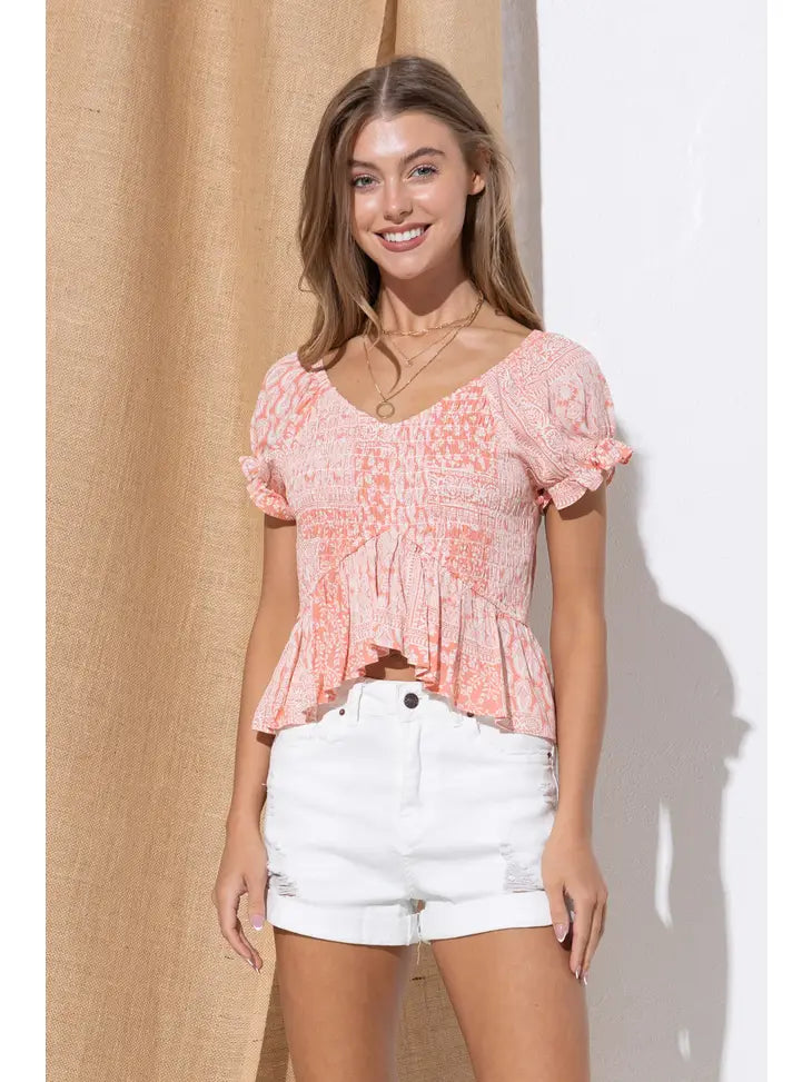 Coral Smocked Puff Top