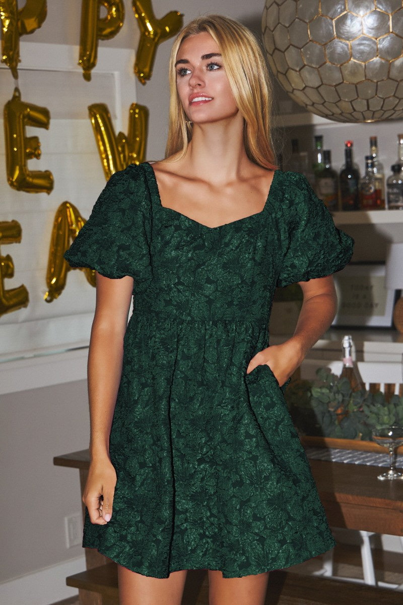 Hunter Green Jacquard Baby Doll Dress - Curvy