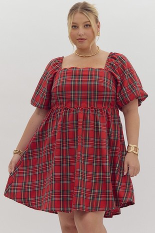 Plaid Square Neck Puff Sleeve Mini Dress - Curvy