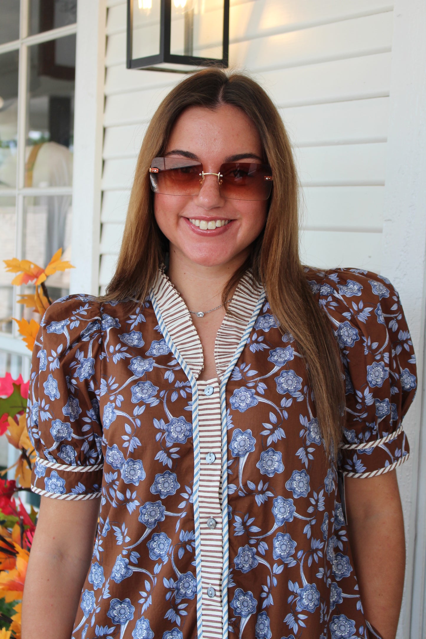 Brown Floral Striped Mini Dress