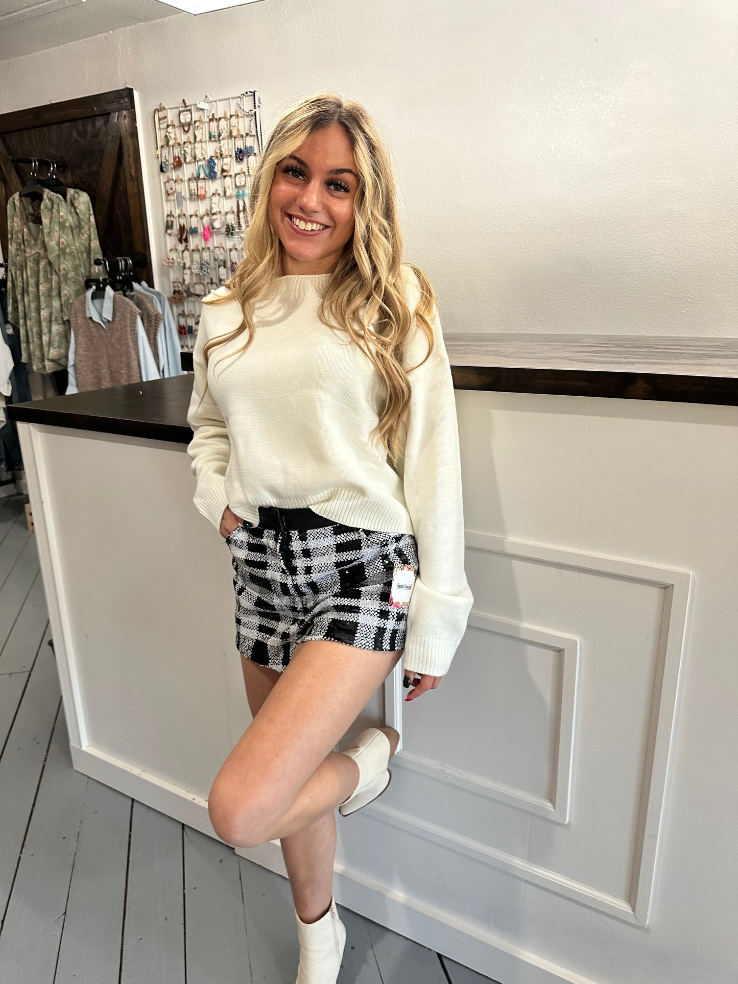 White Sweater with Back Ribbon Detail
