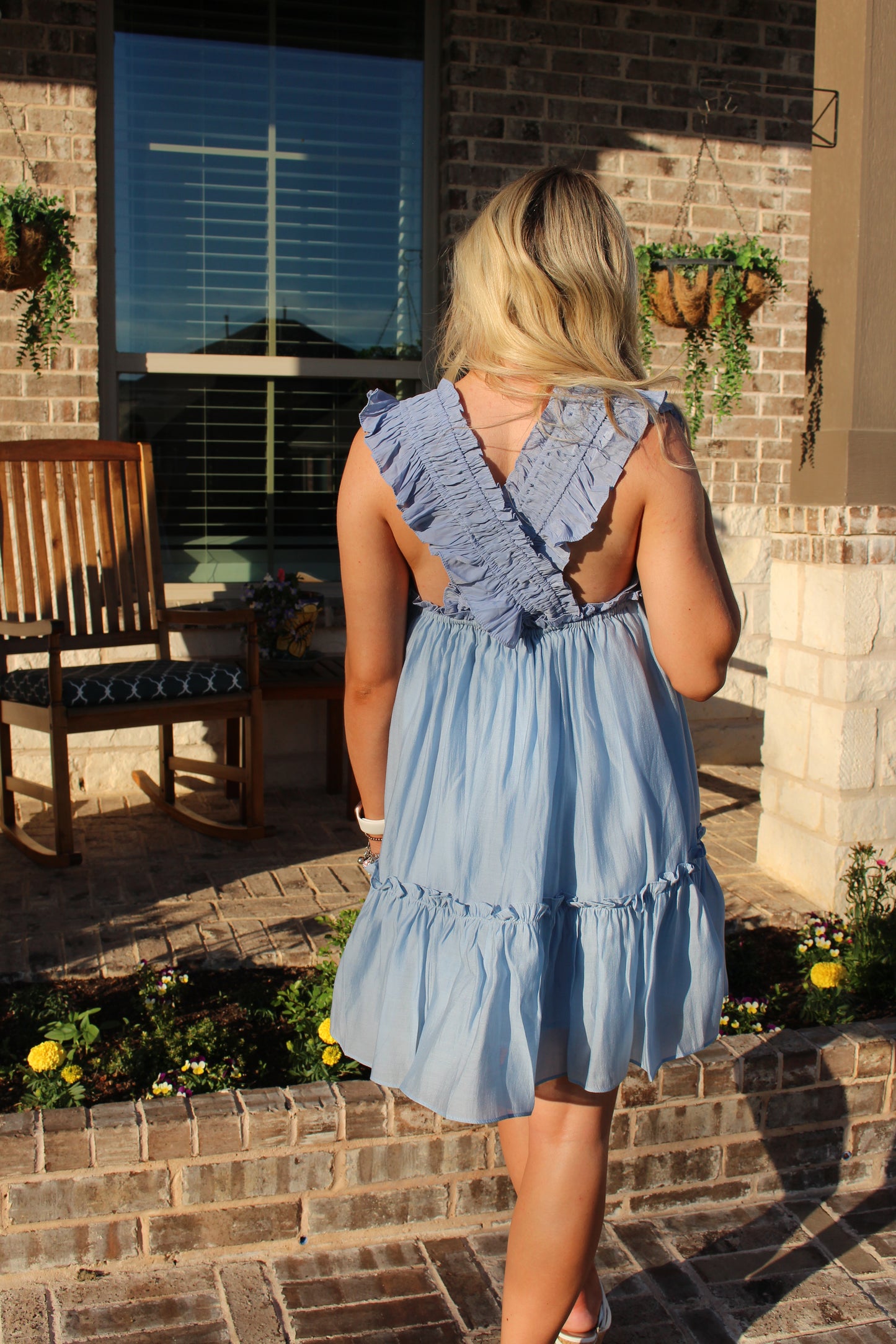 Blue Criss Cross Ruffle Mini Dress