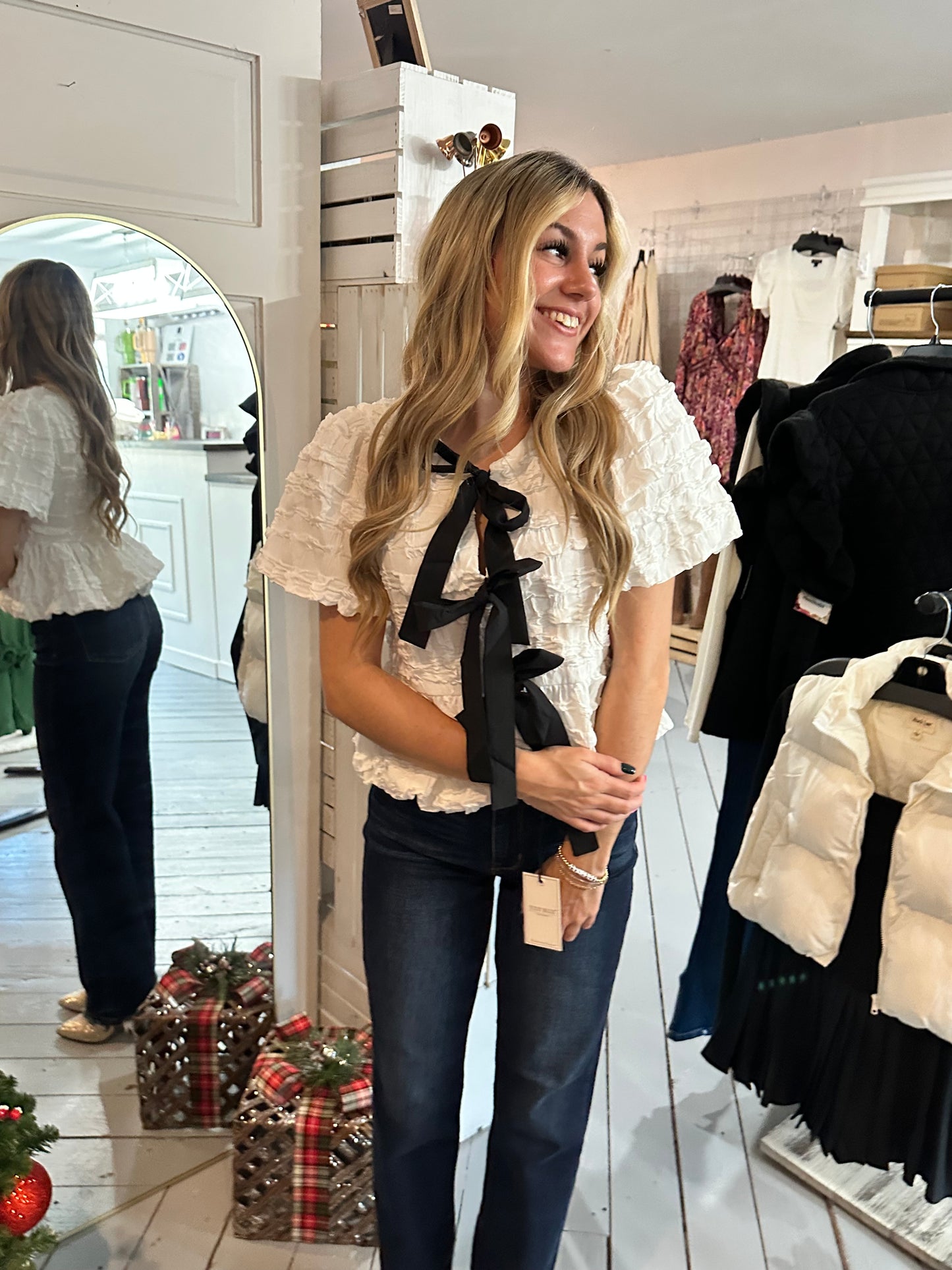 Off White Baby Doll Bow Tie Blouse