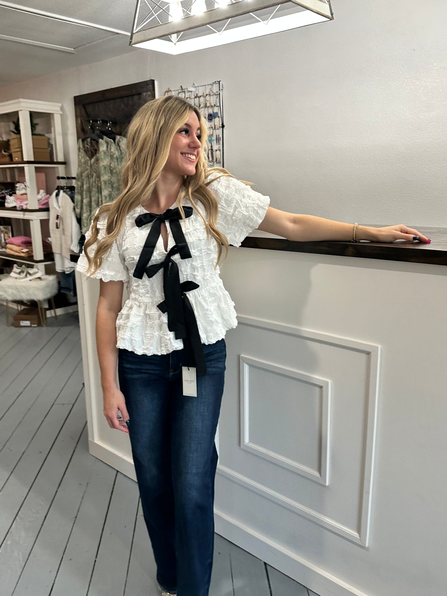 Off White Baby Doll Bow Tie Blouse