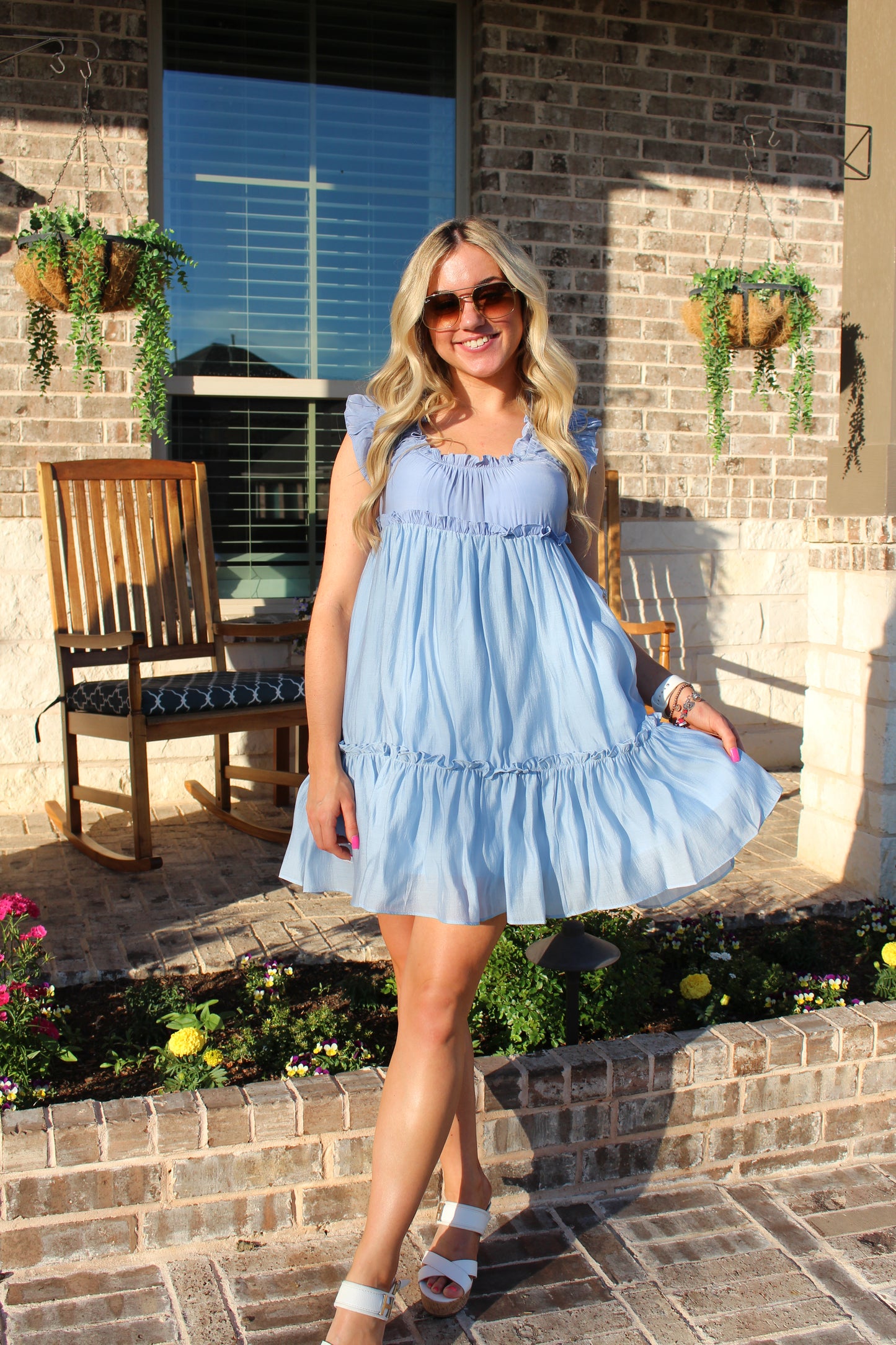 Blue Criss Cross Ruffle Mini Dress