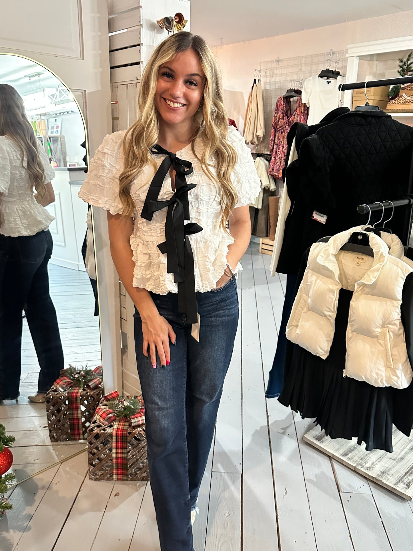 Off White Baby Doll Bow Tie Blouse