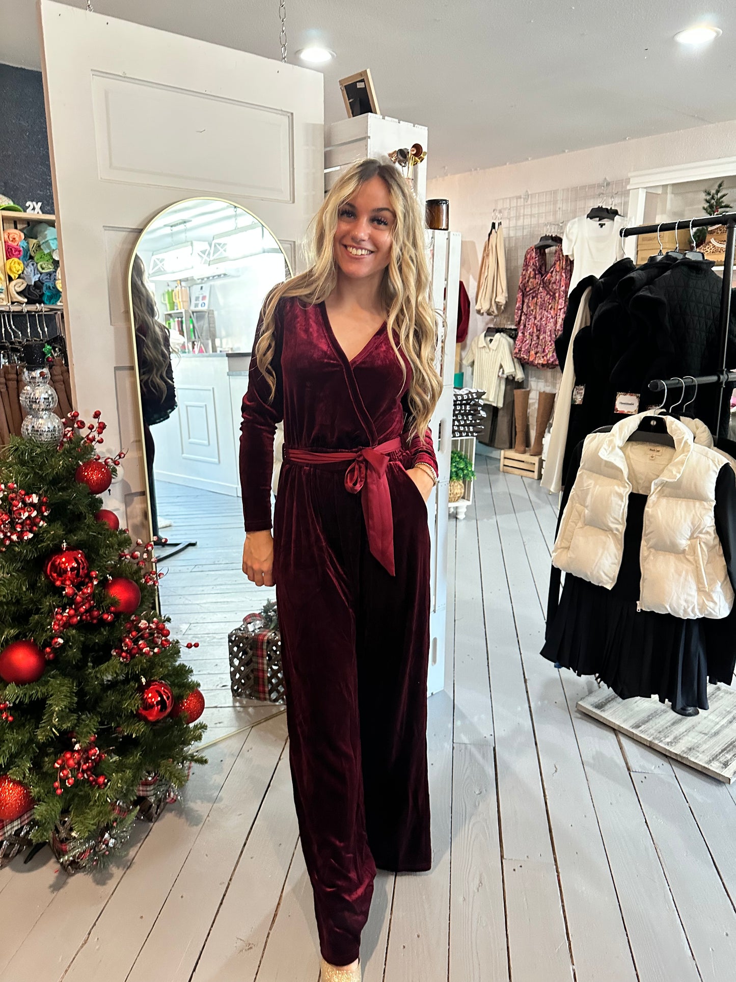 Burgundy Velvet Wide Leg Jumpsuit