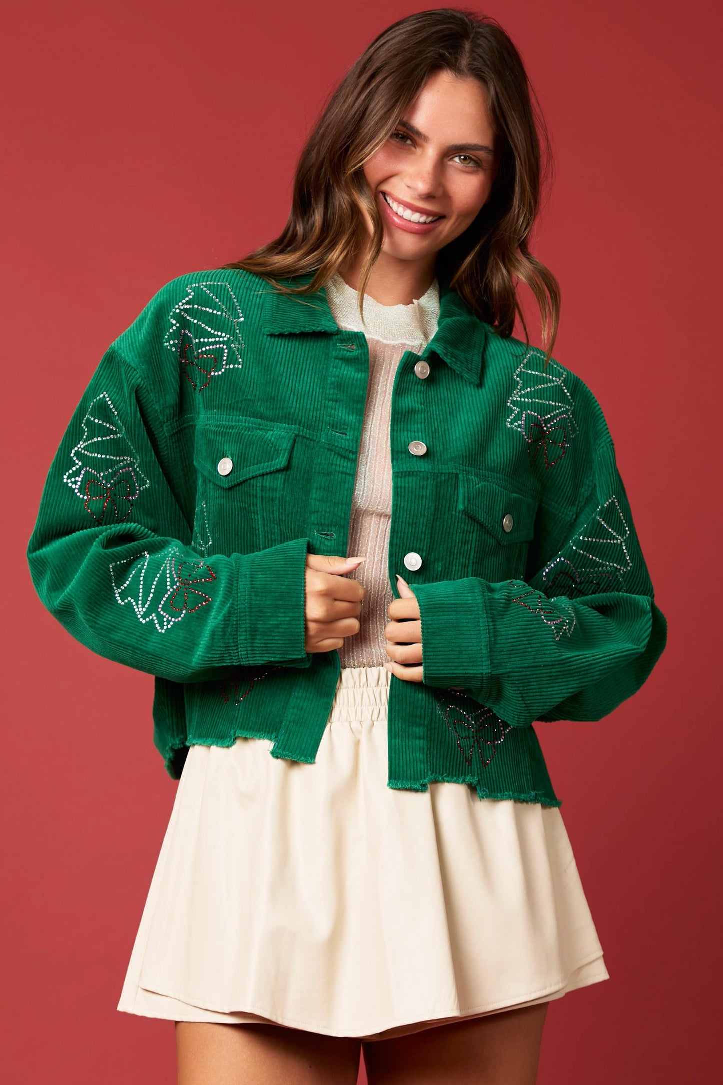 Green Corduroy Jacket with Rhinestone Christmas Trees and Bows