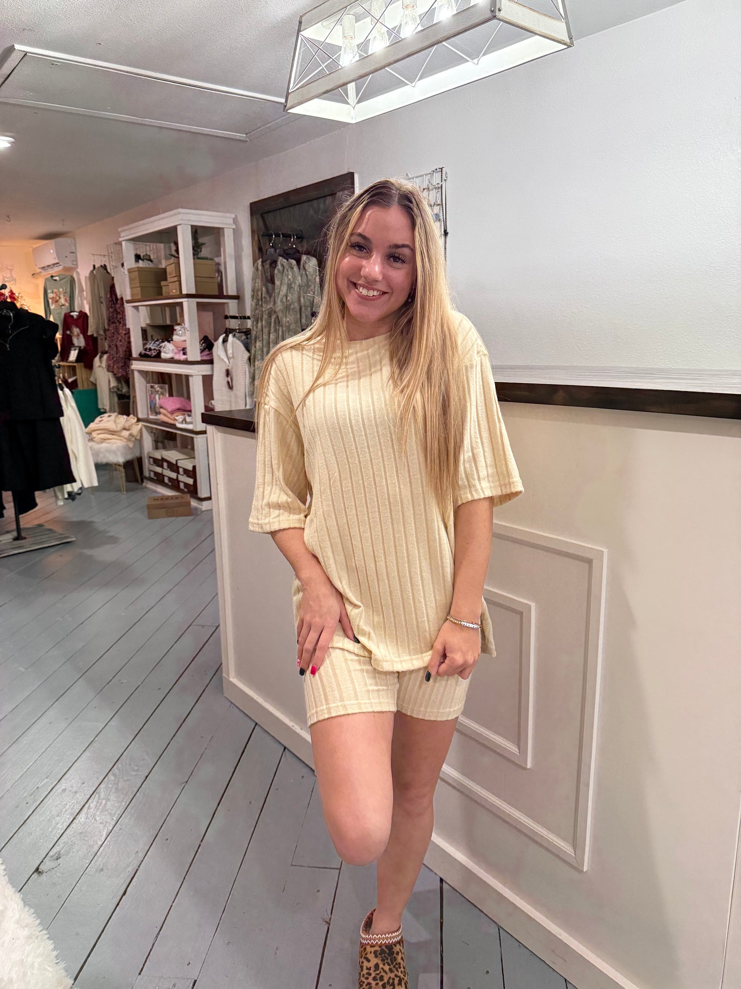 Beige Ribbed Short Sleeve Top and Short Set