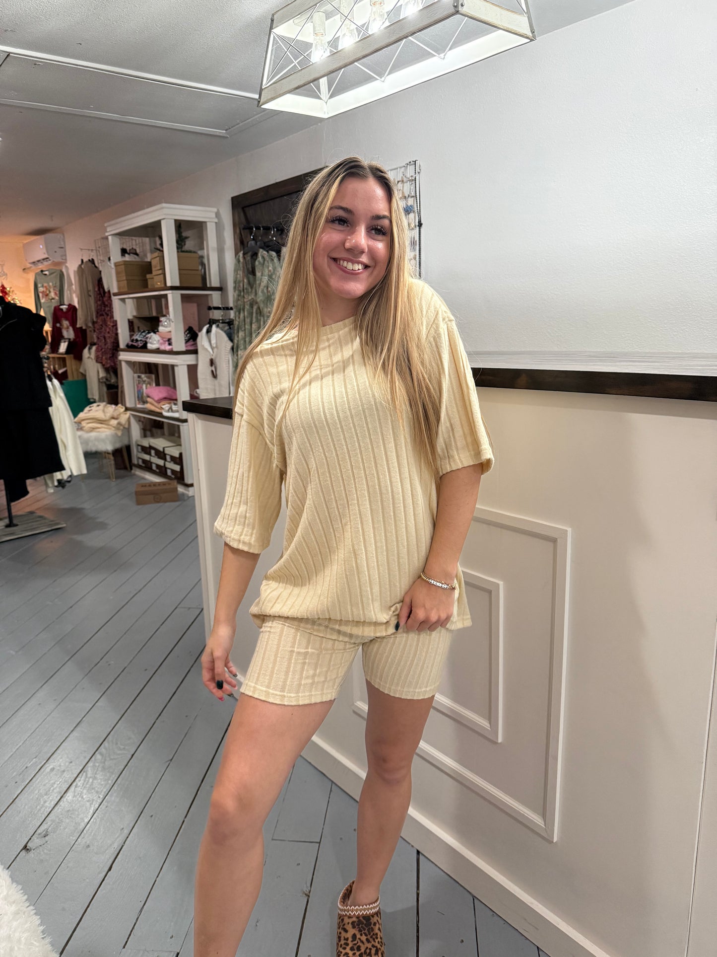 Beige Ribbed Short Sleeve Top and Short Set