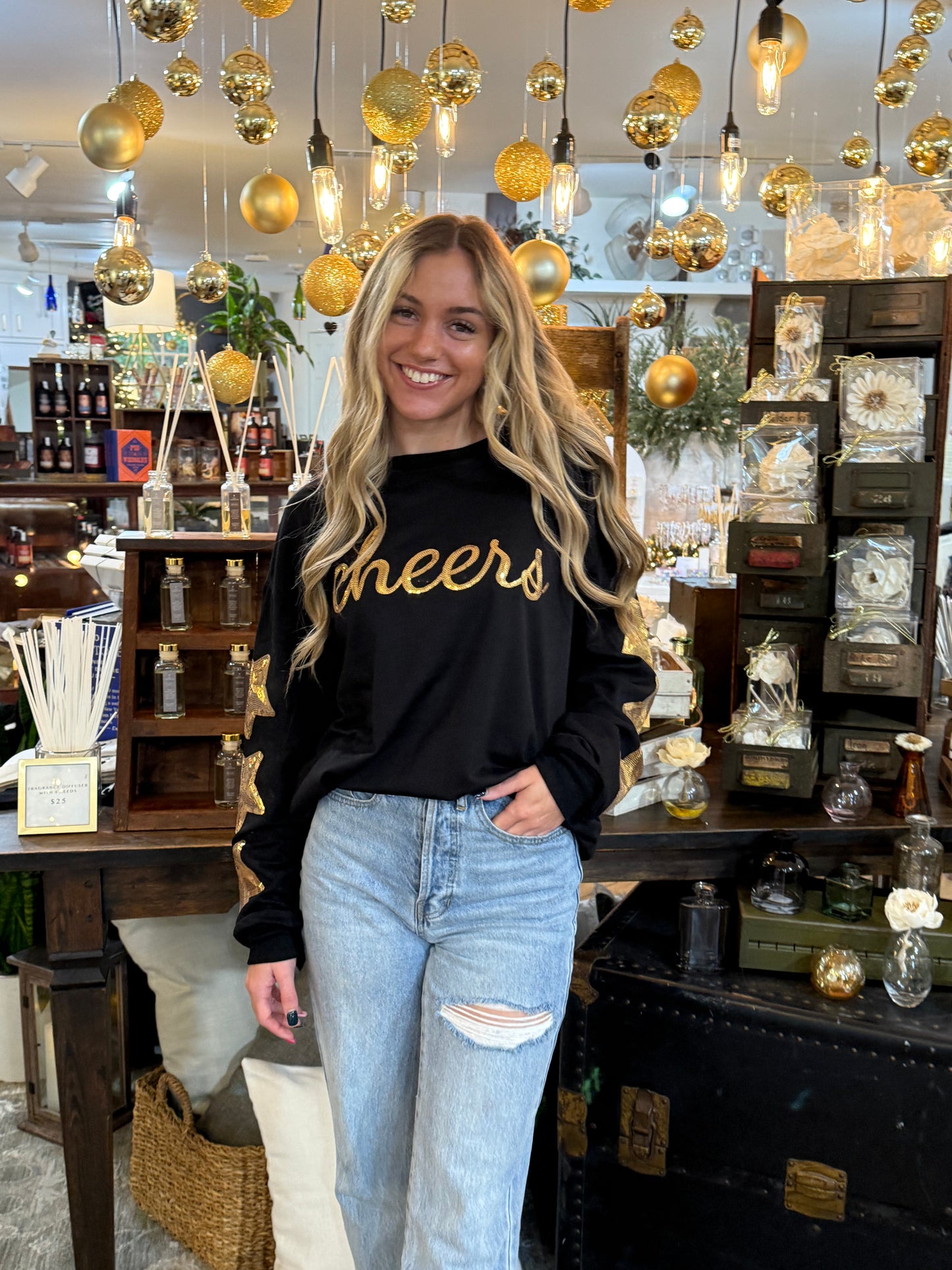 Gold Sequin "Cheers" Black Sweatshirt