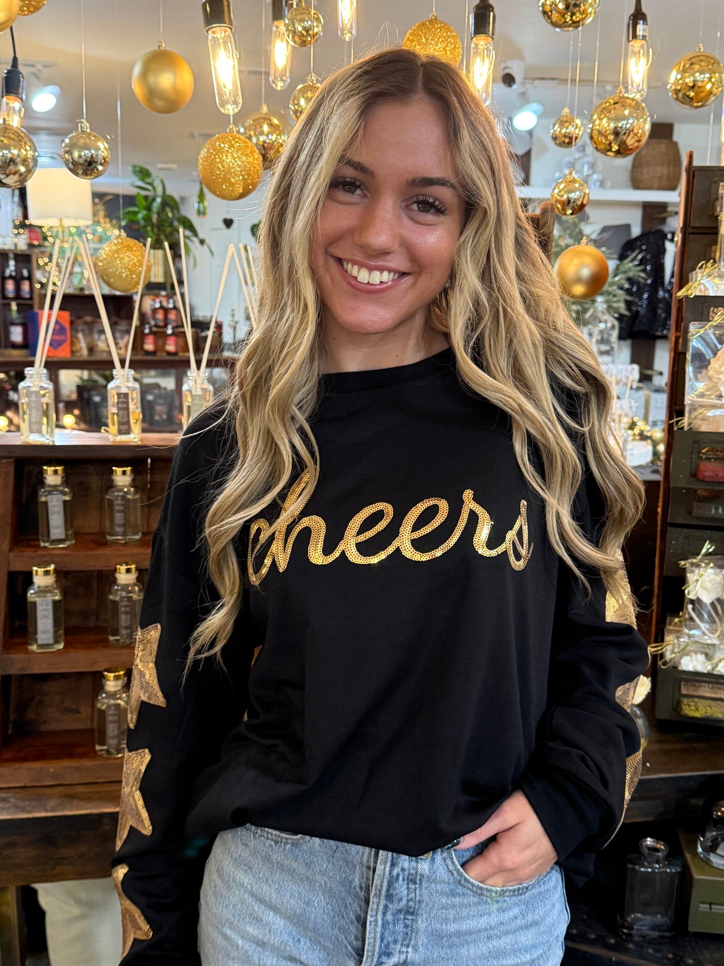 Gold Sequin "Cheers" Black Sweatshirt