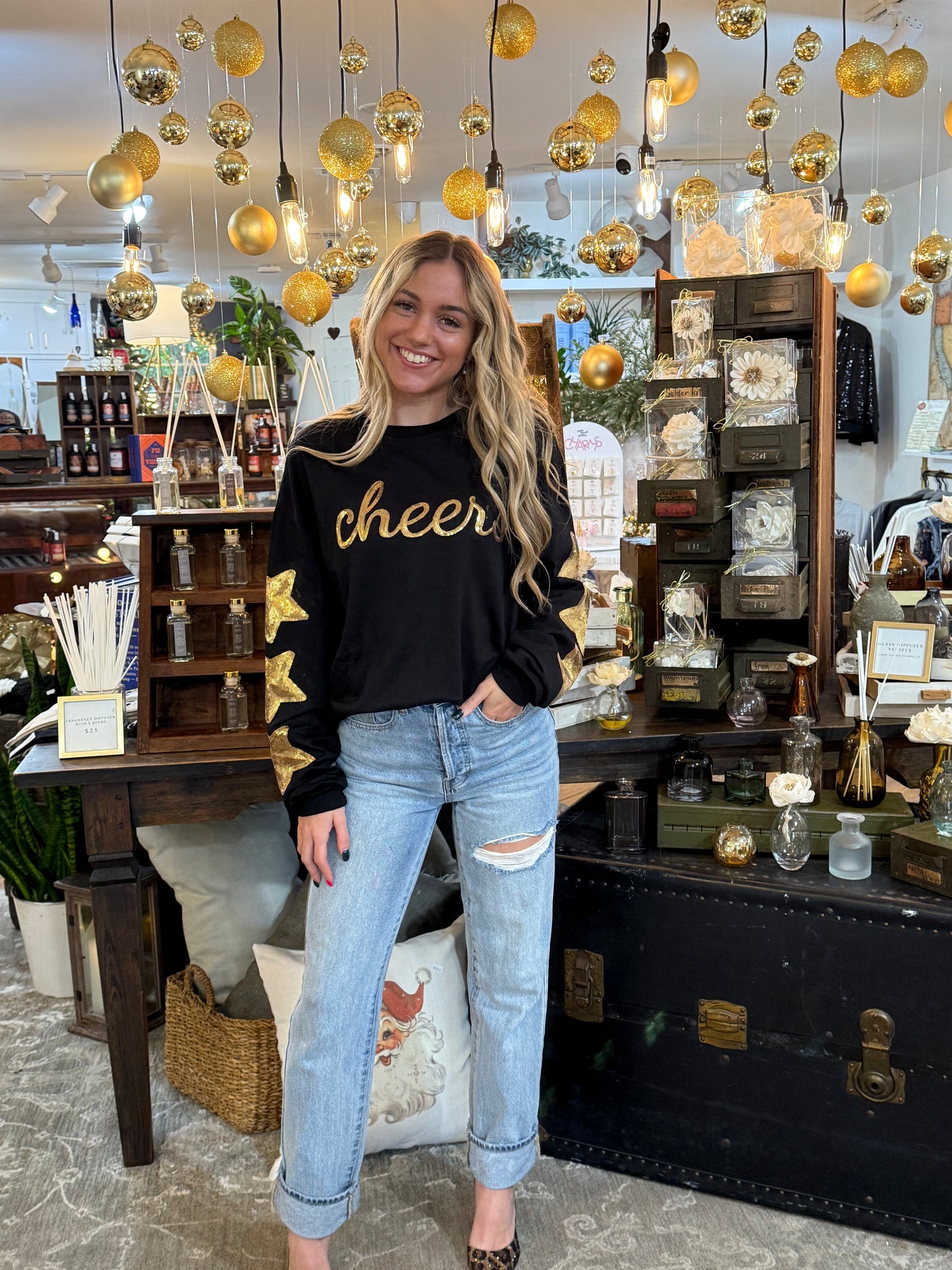 Gold Sequin "Cheers" Black Sweatshirt