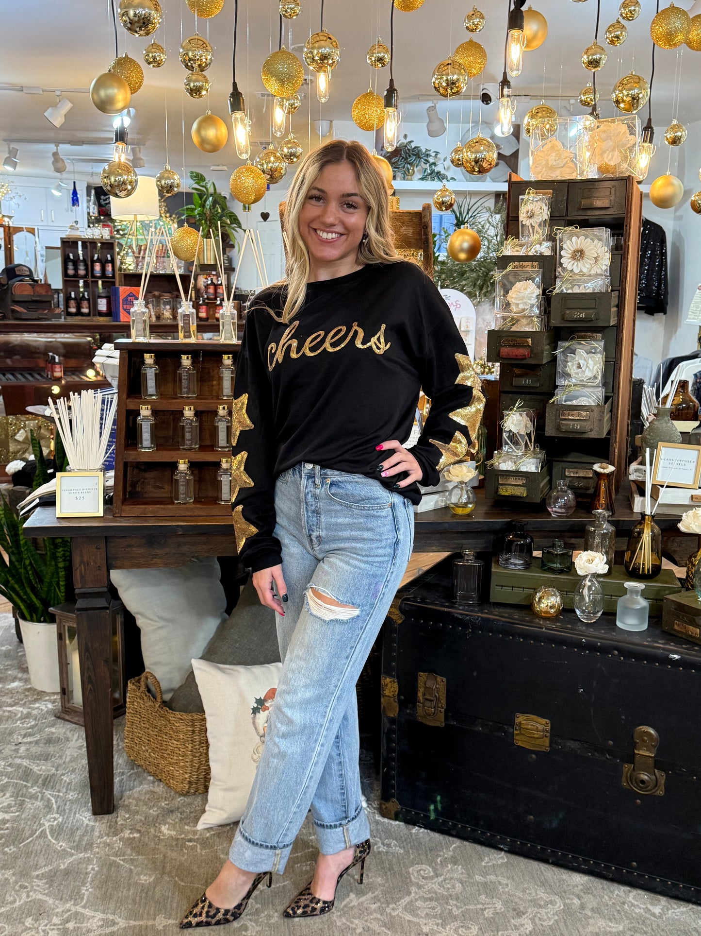 Gold Sequin "Cheers" Black Sweatshirt