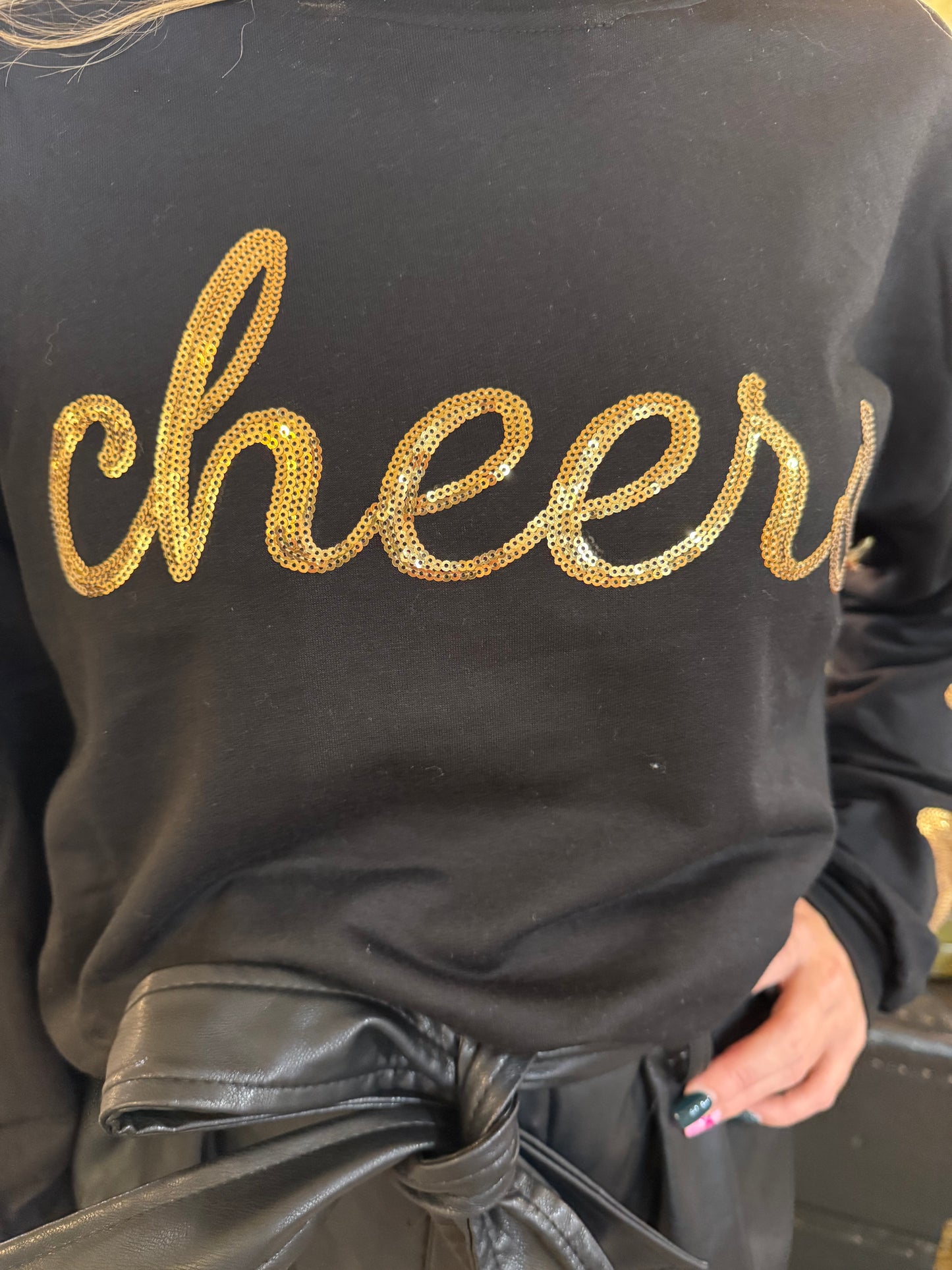 Gold Sequin "Cheers" Black Sweatshirt