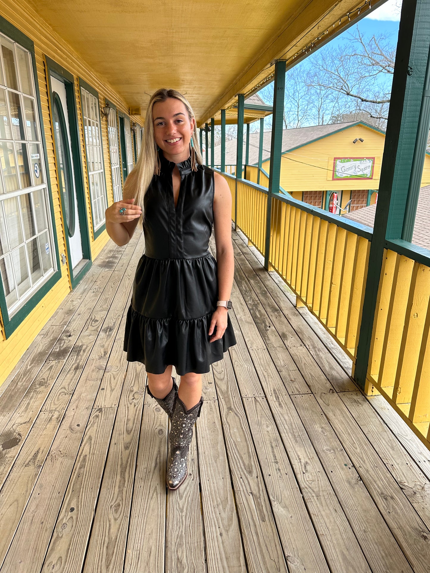 Black Faux Leather Sleeveless Ruffle Dress